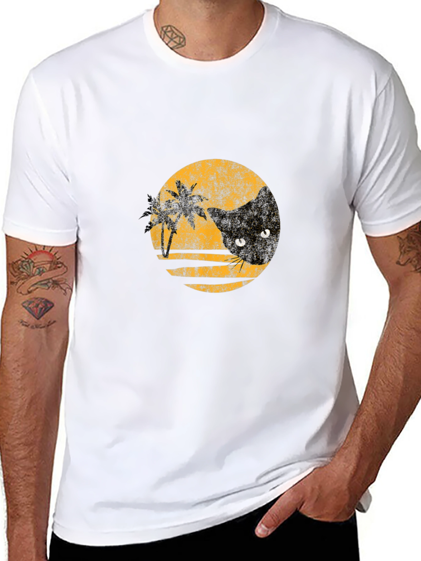 Retro Cat & Palms Graphic Black T-Shirt