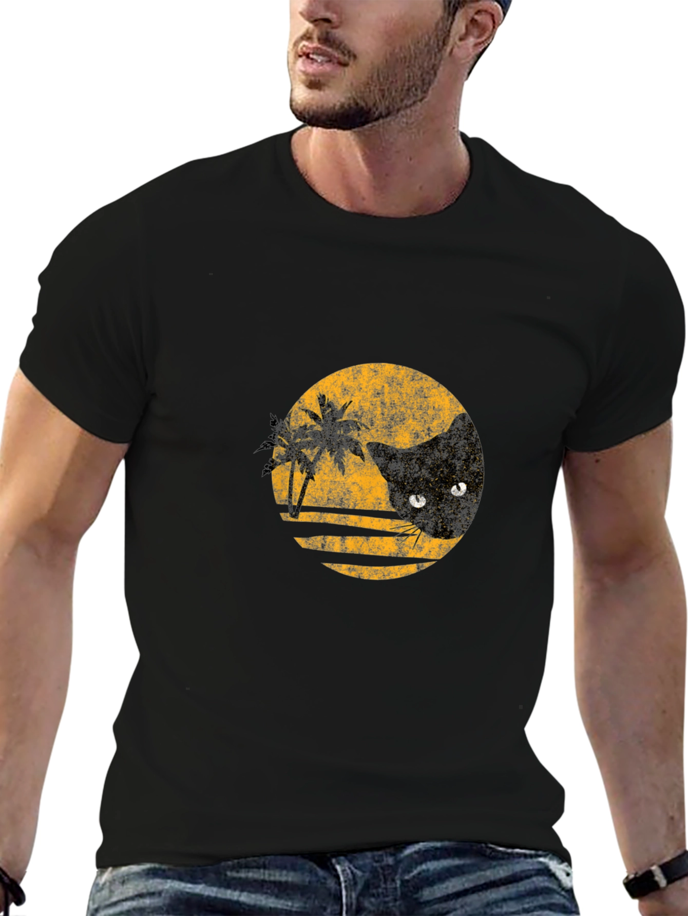 Retro Cat & Palms Graphic Black T-Shirt