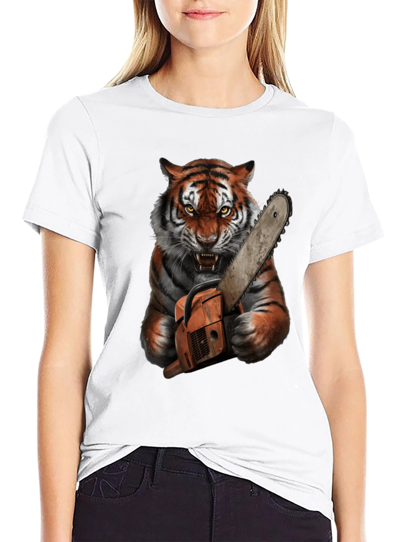Tiger with Chainsaw Graphic Tee - Black
