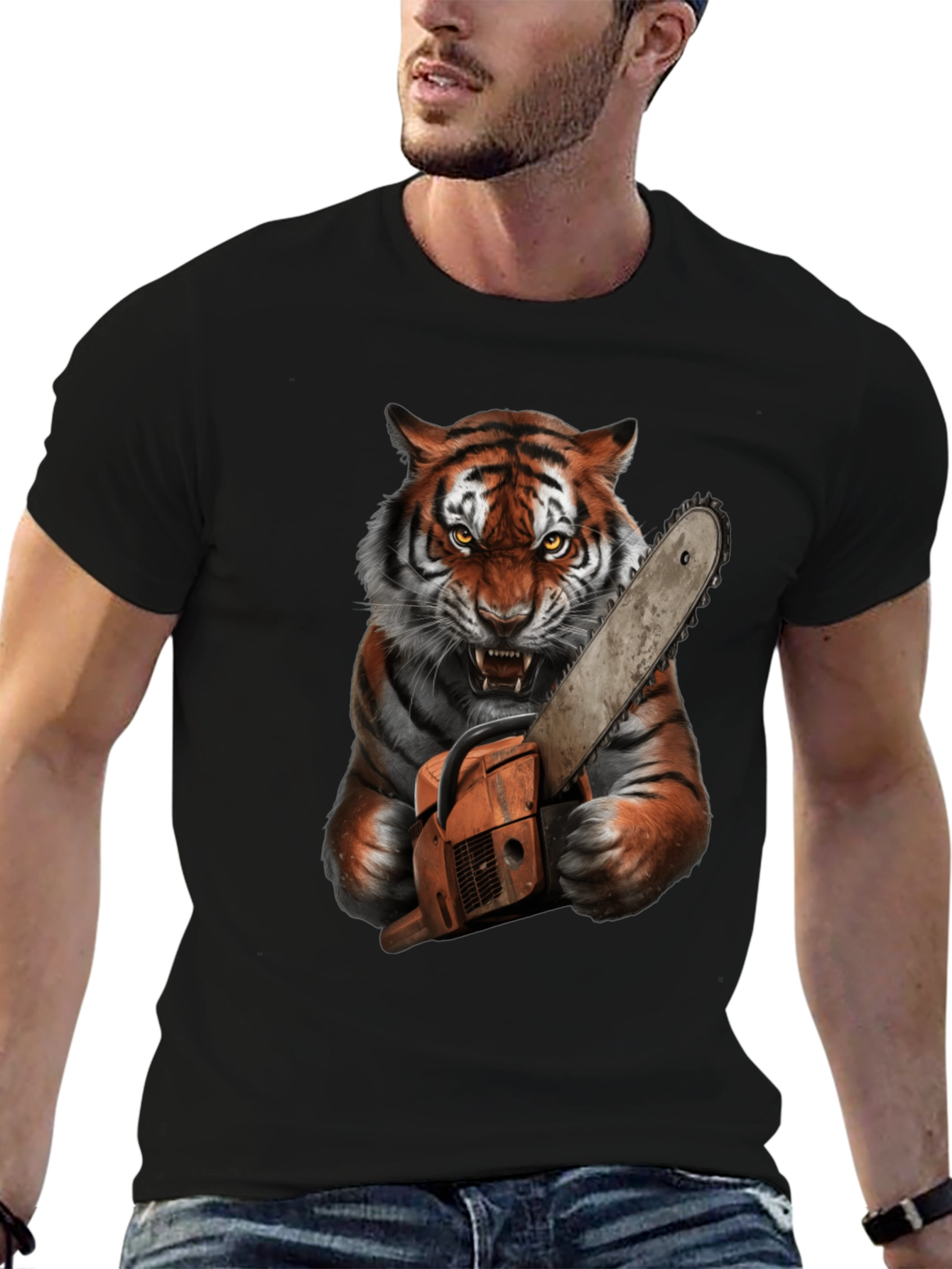 Tiger with Chainsaw Graphic Tee - Black