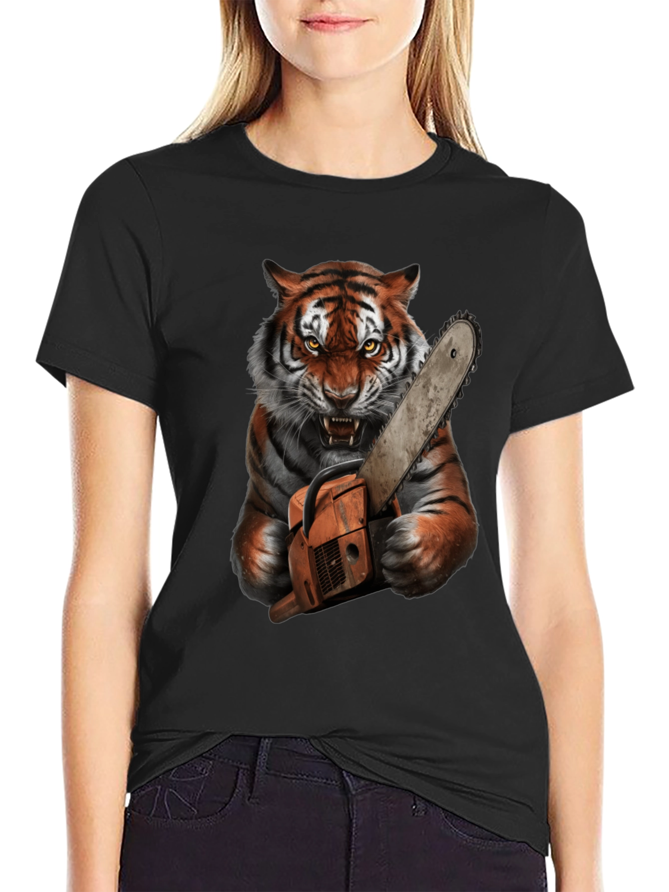 Tiger with Chainsaw Graphic Tee - Black