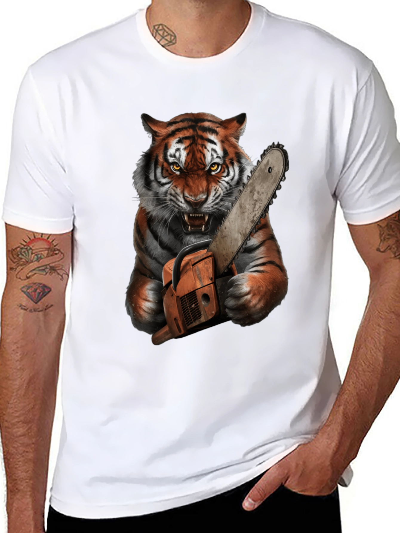 Tiger with Chainsaw Graphic Tee - Black