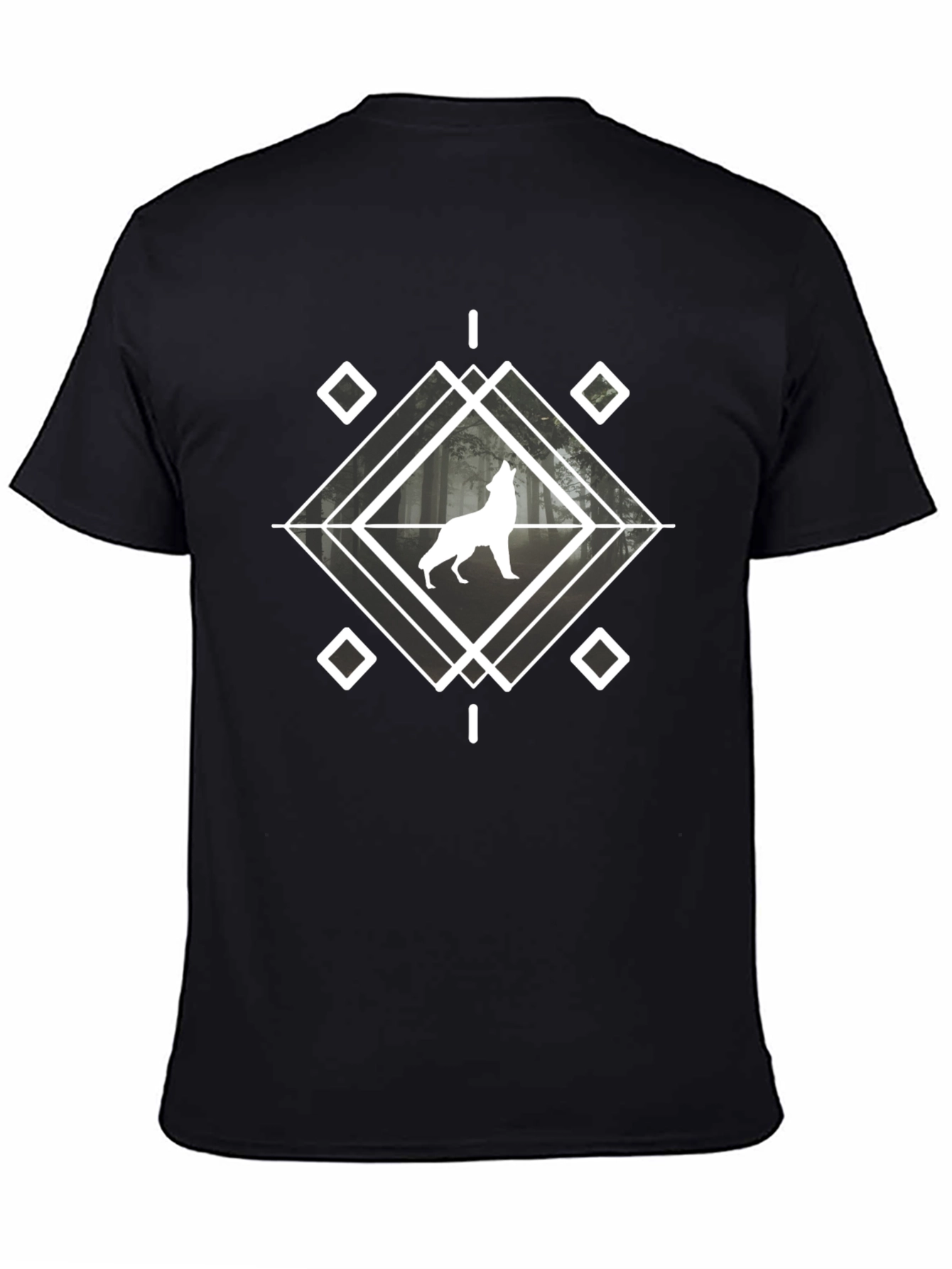 Wolf Graphic Tee - Geometric Design Black Cotton Blend