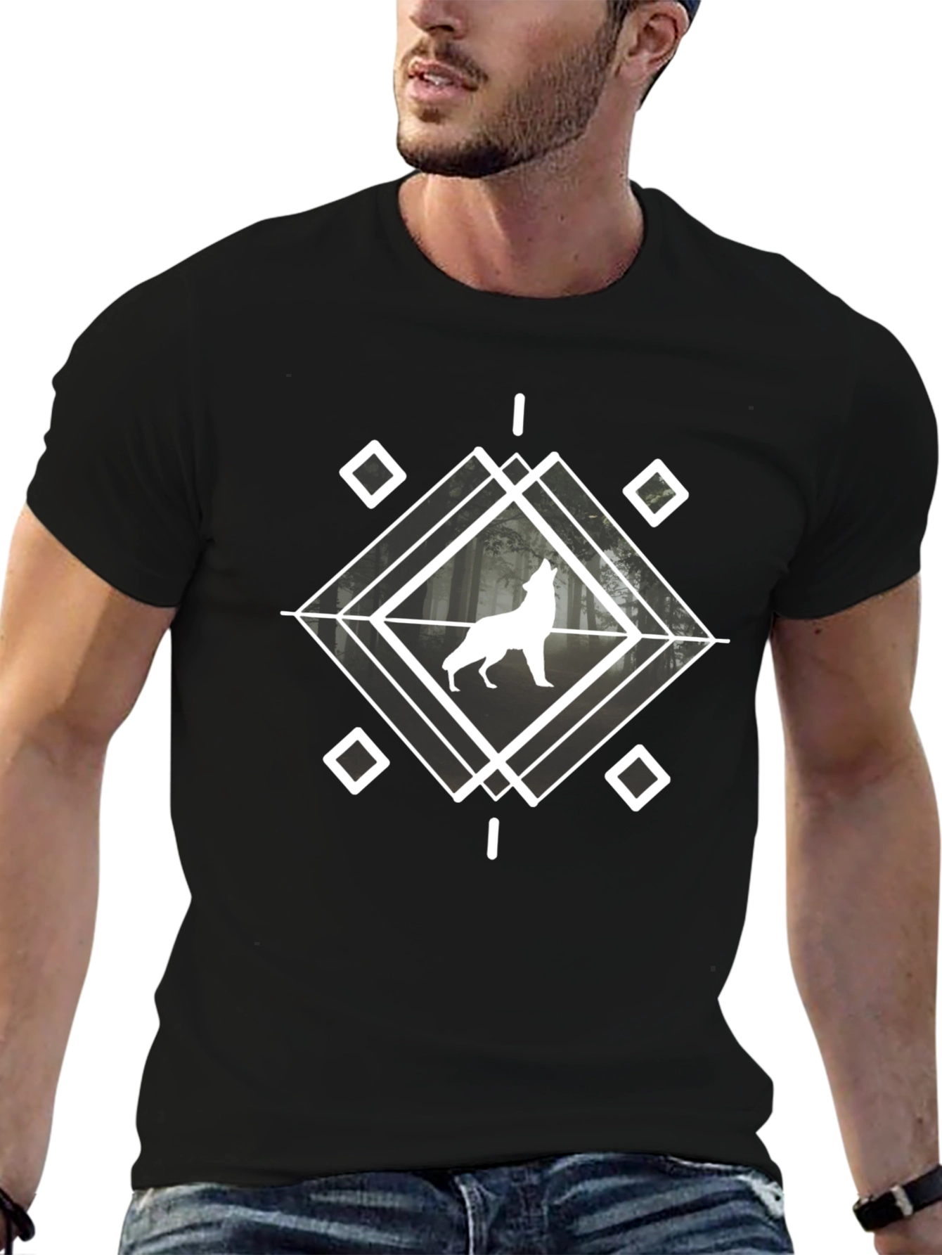 Wolf Graphic Tee - Geometric Design Black Cotton Blend
