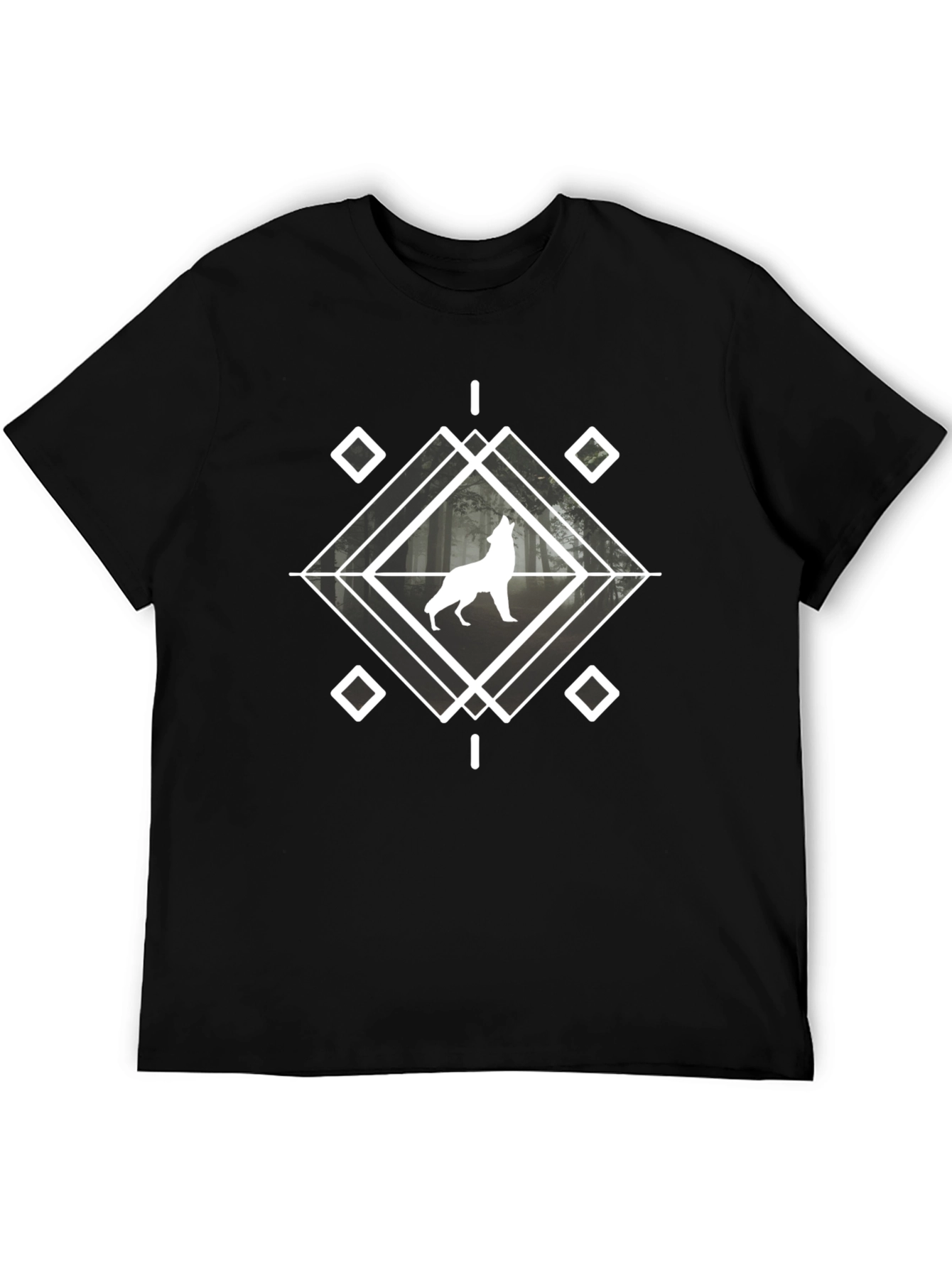 Wolf Graphic Tee - Geometric Design Black Cotton Blend