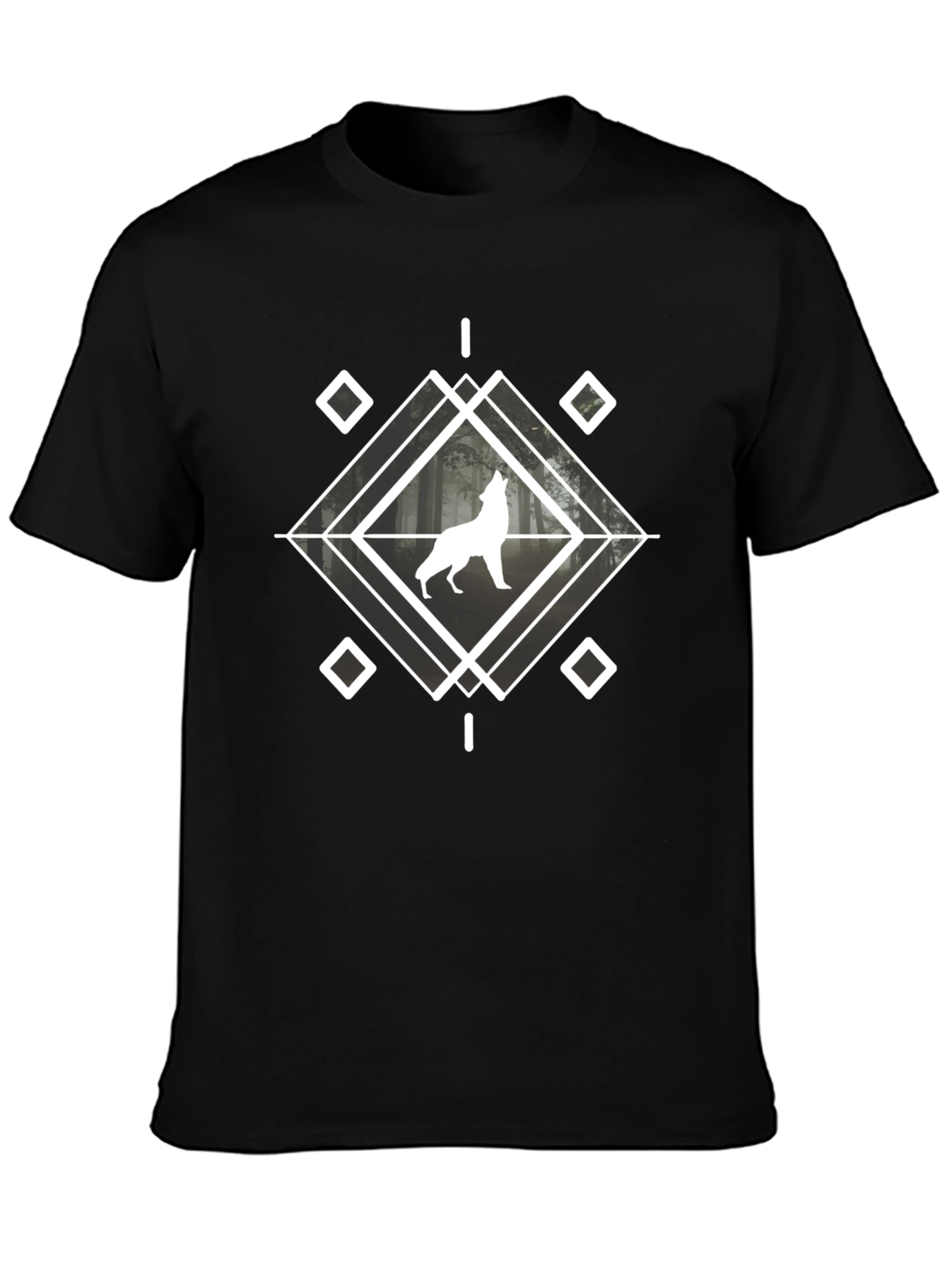 Wolf Graphic Tee - Geometric Design Black Cotton Blend