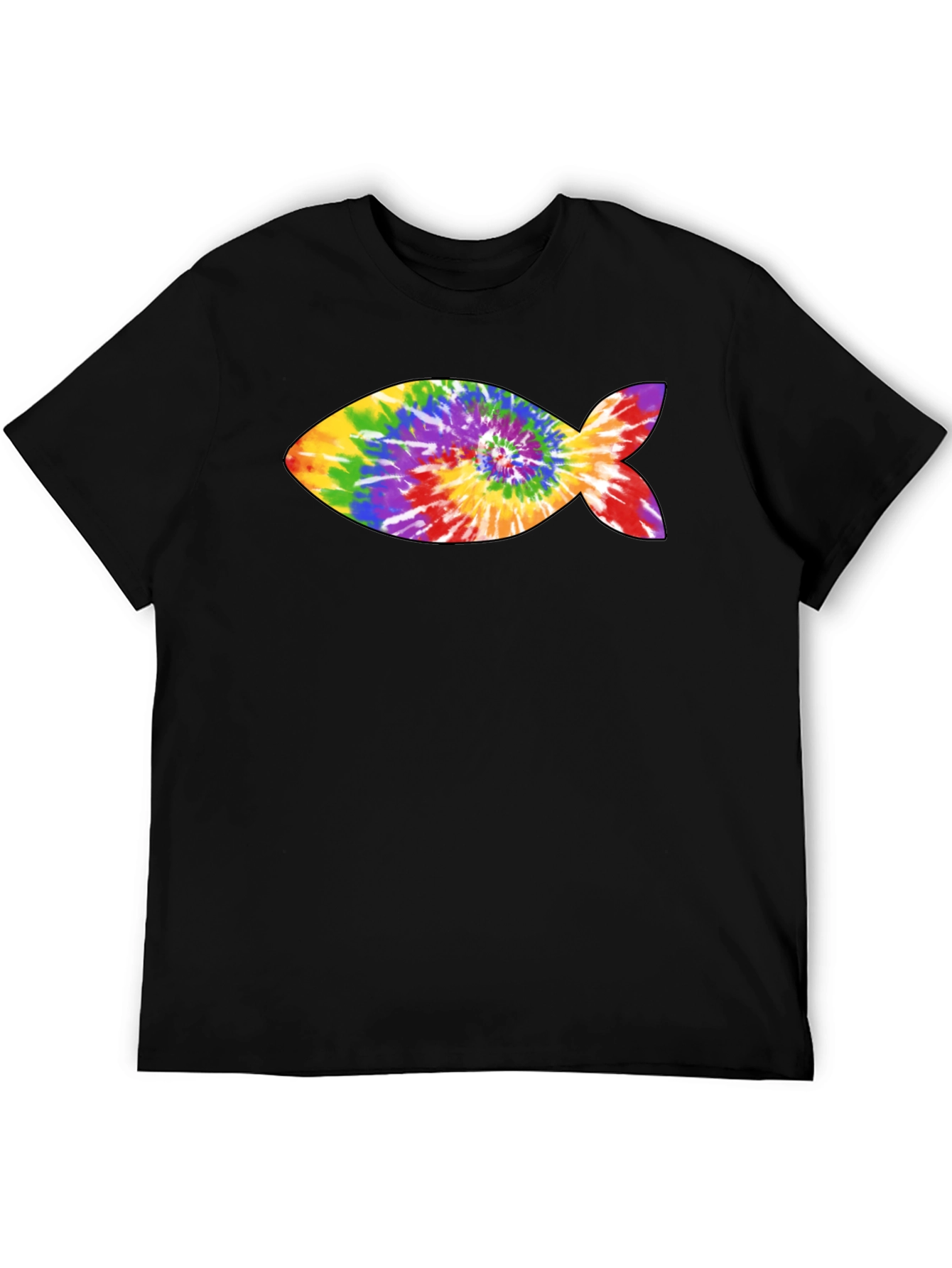 Rainbow Tie-Dye Fish Graphic Black T-Shirt