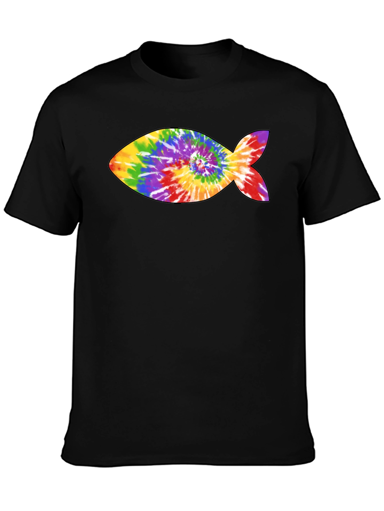Rainbow Tie-Dye Fish Graphic Black T-Shirt