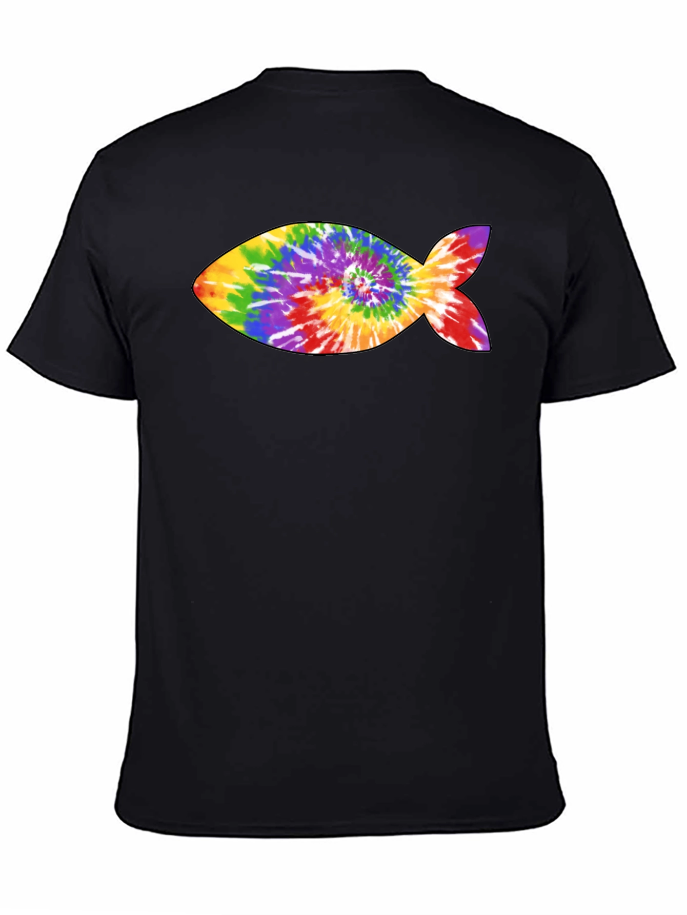 Rainbow Tie-Dye Fish Graphic Black T-Shirt