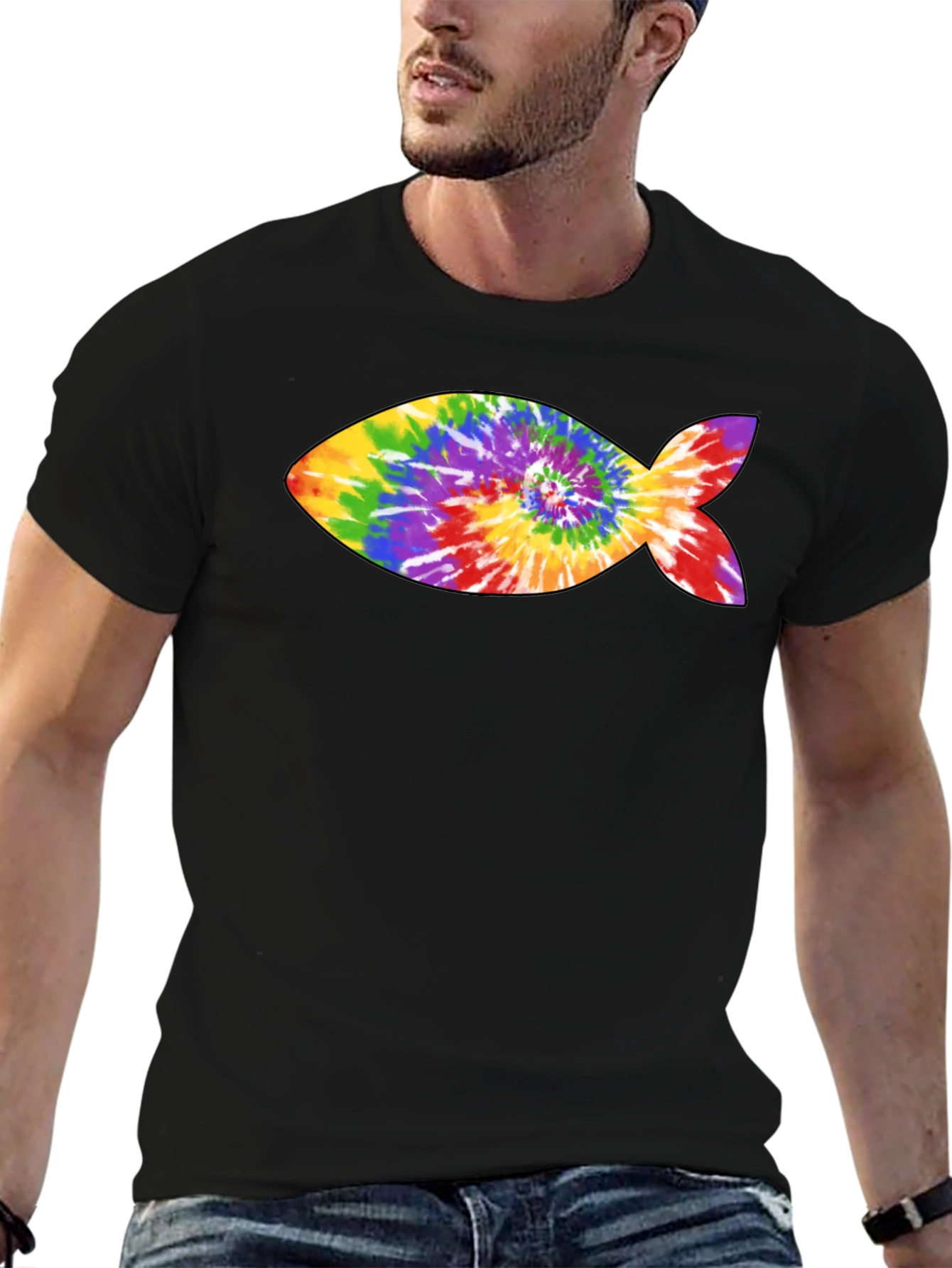 Rainbow Tie-Dye Fish Graphic Black T-Shirt