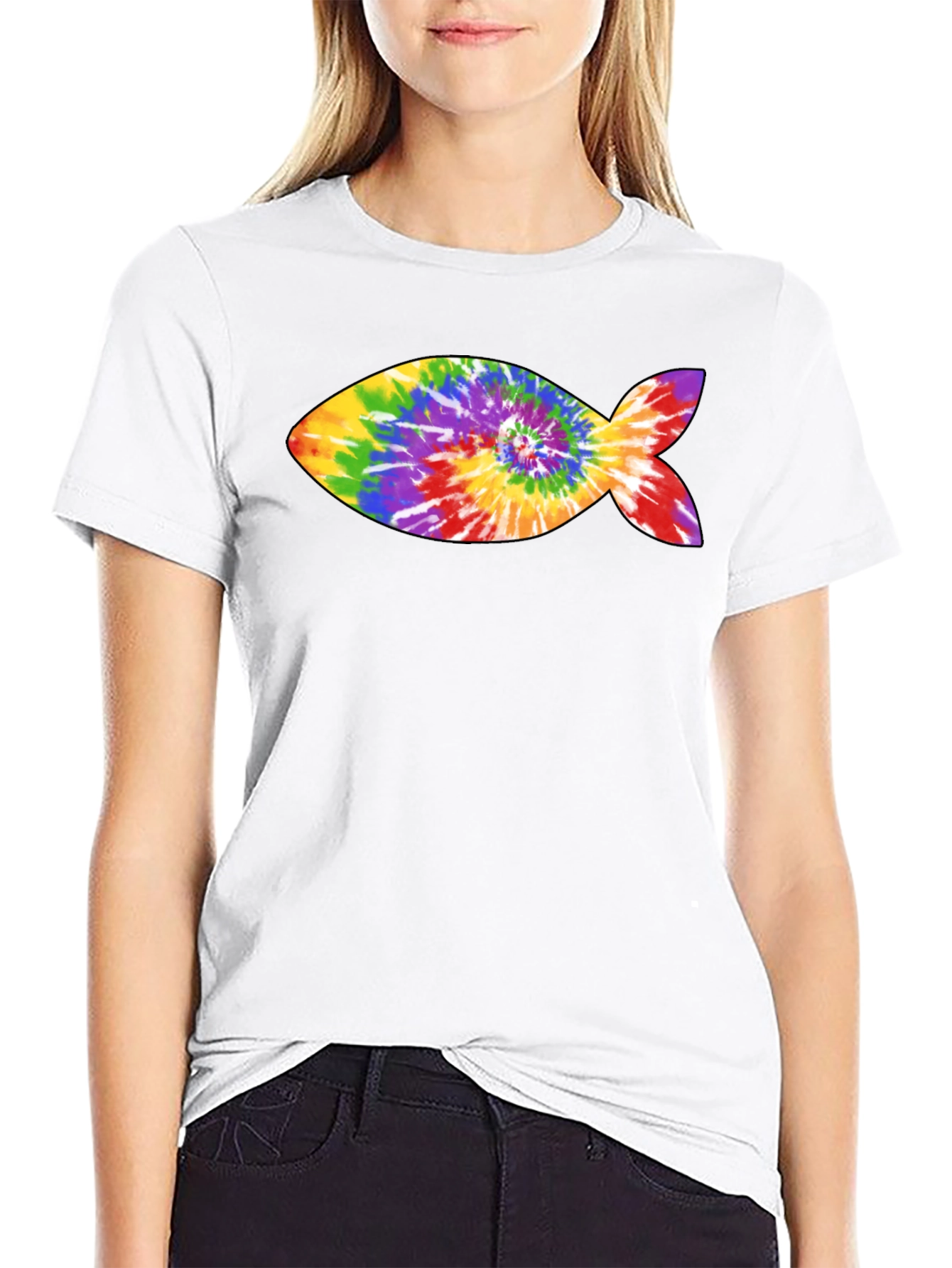 Rainbow Tie-Dye Fish Graphic Black T-Shirt