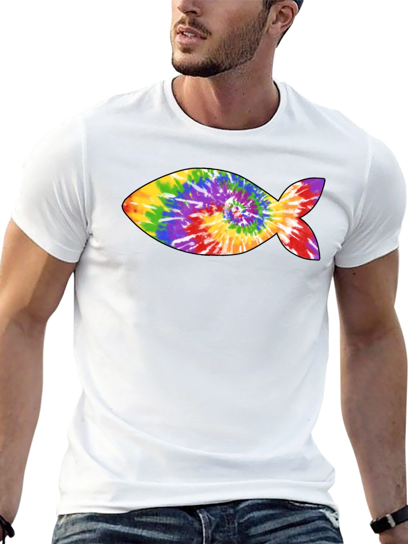 Rainbow Tie-Dye Fish Graphic Black T-Shirt
