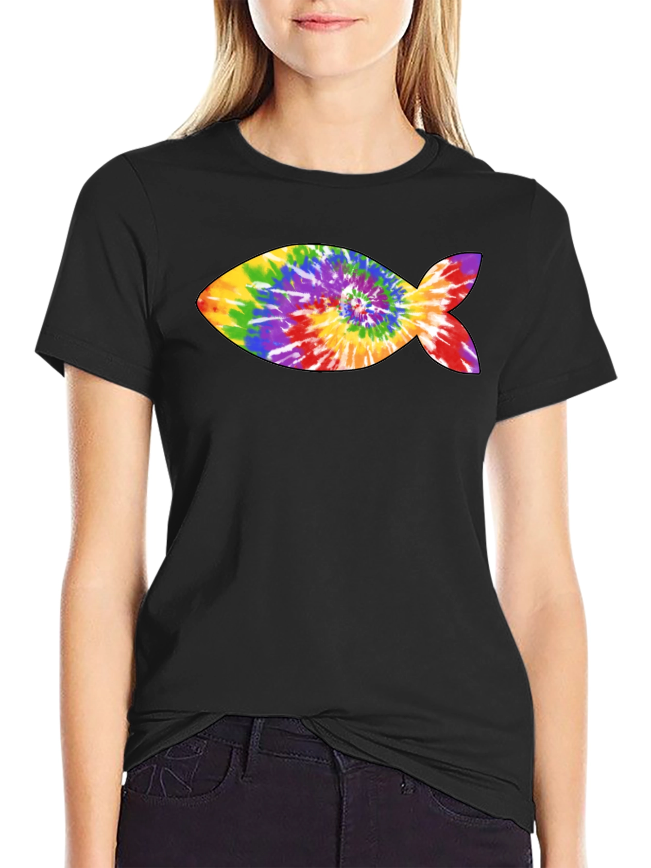 Rainbow Tie-Dye Fish Graphic Black T-Shirt