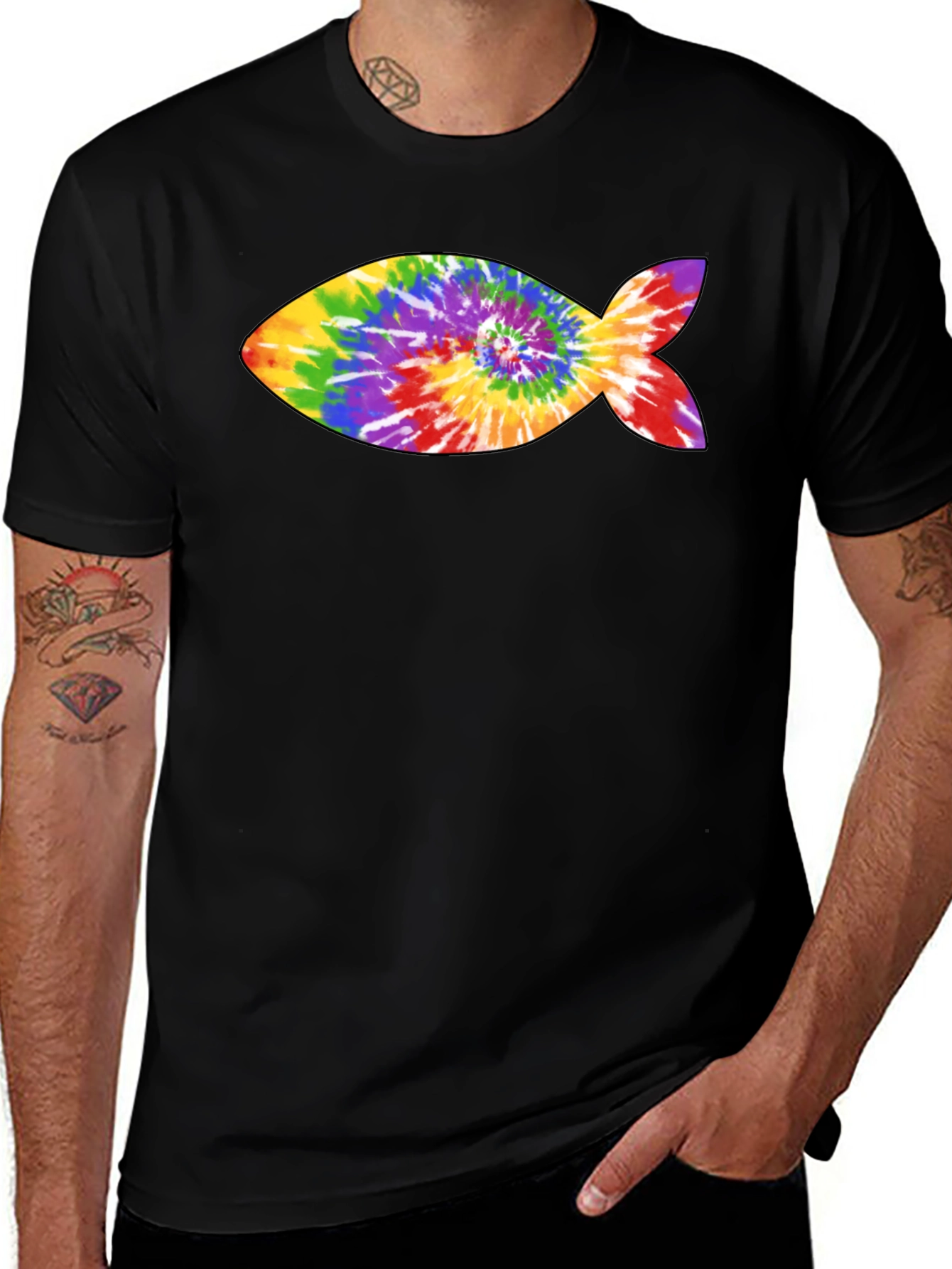 Rainbow Tie-Dye Fish Graphic Black T-Shirt