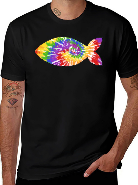 Rainbow Tie-Dye Fish Graphic Black T-Shirt