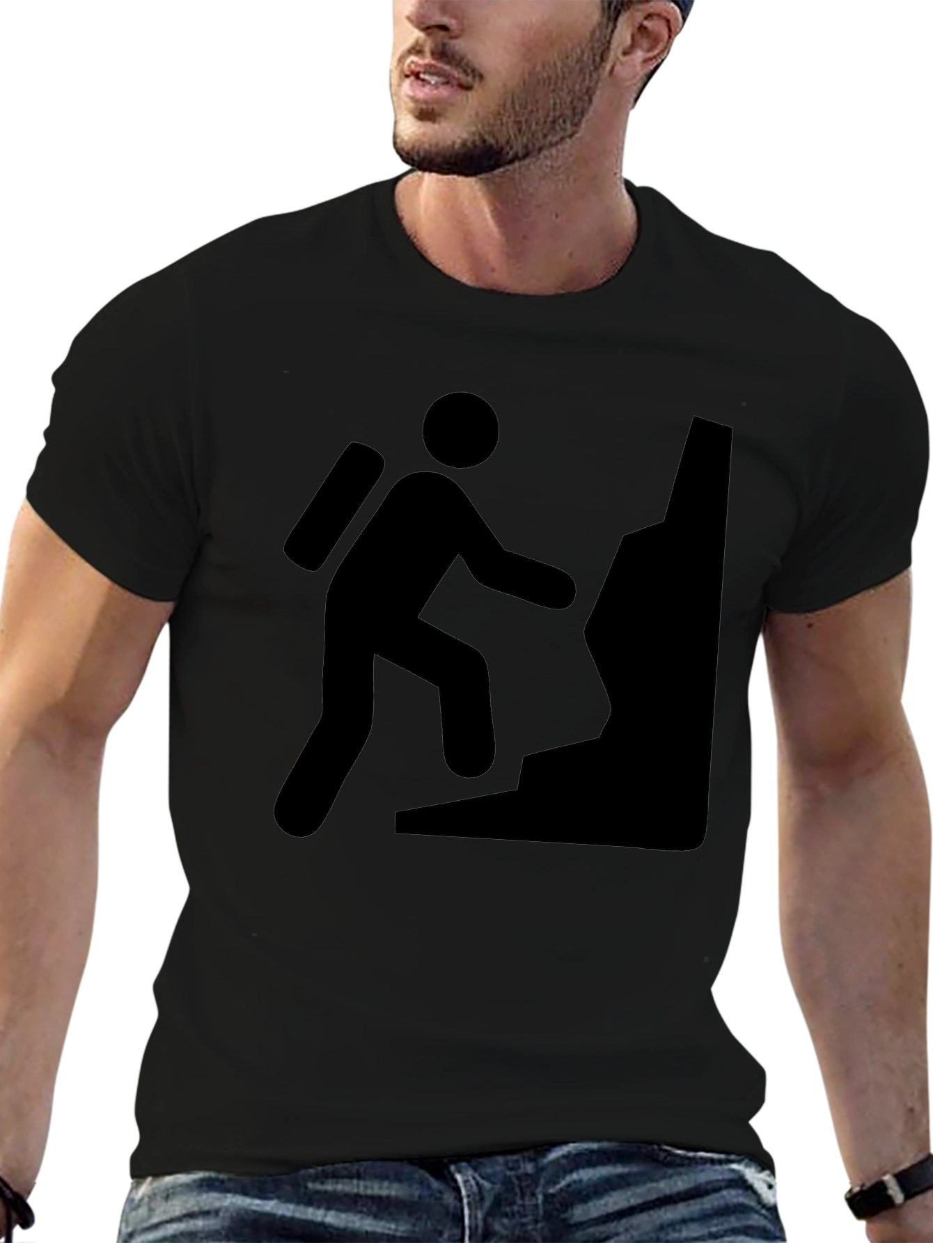 Climbing Man Graphic Tee - Black Cotton Casual T-Shirt