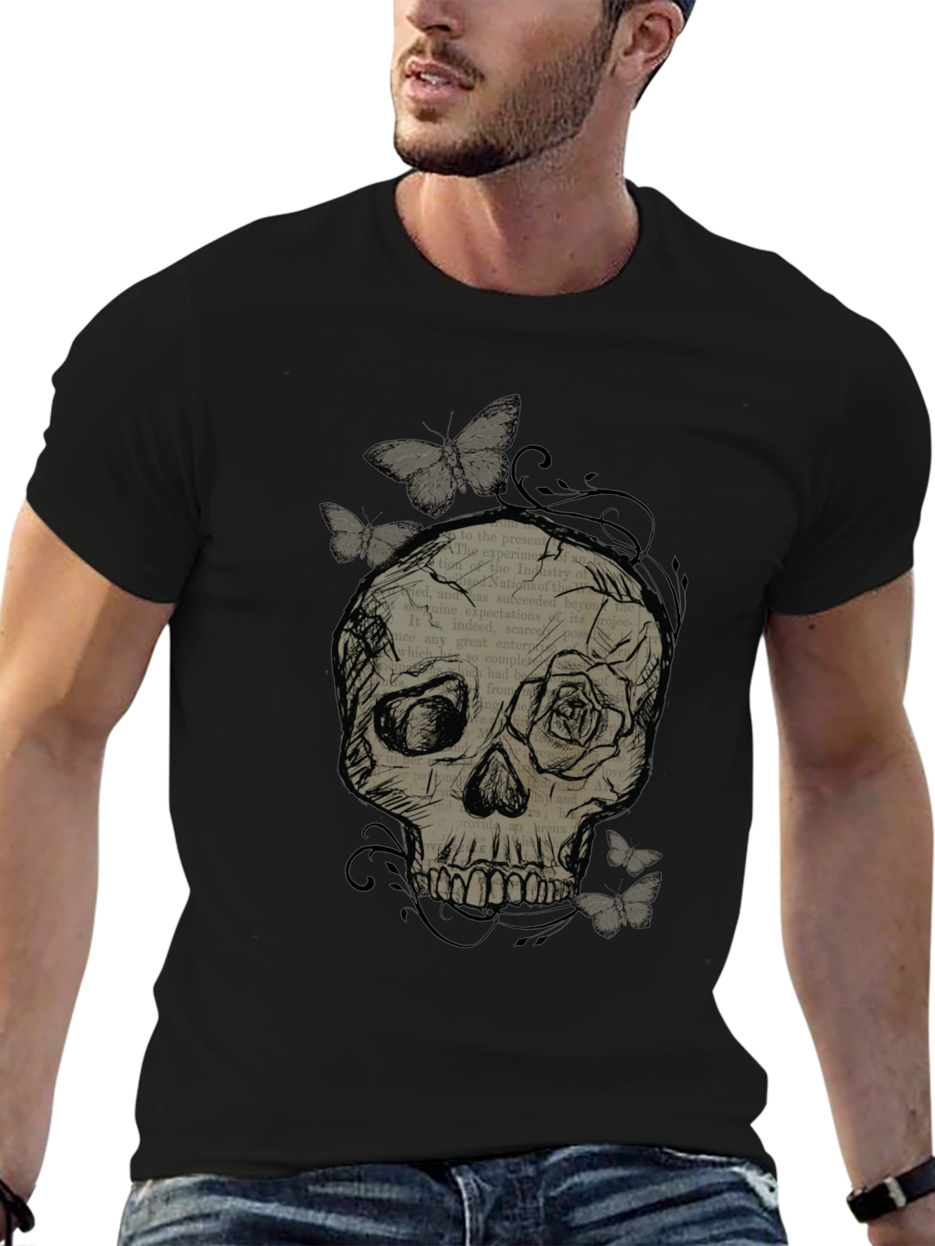 Skull & Butterfly Graphic Tee - Mens Black T-Shirt