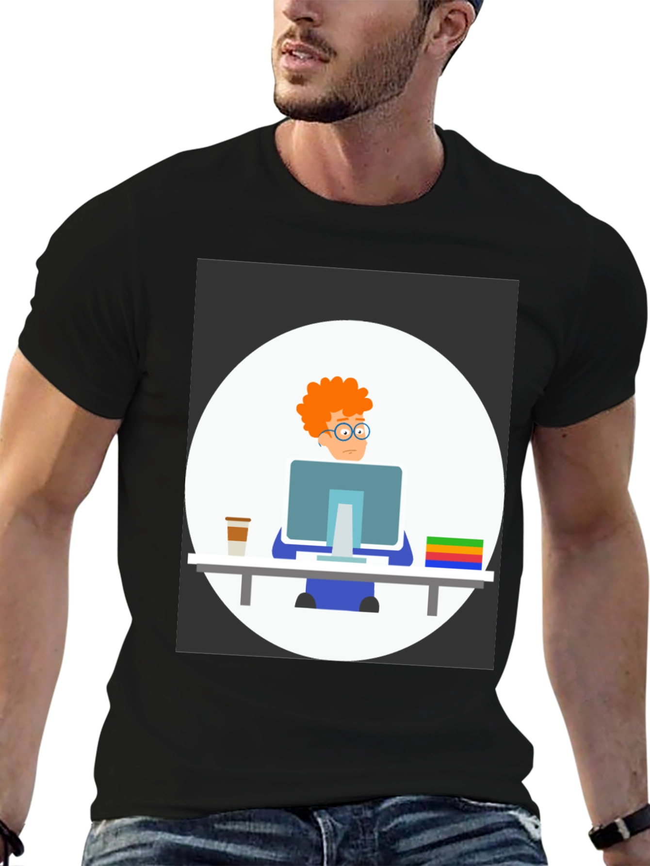 Cartoon Programmer Graphic T-Shirt - Unisex Crew Neck