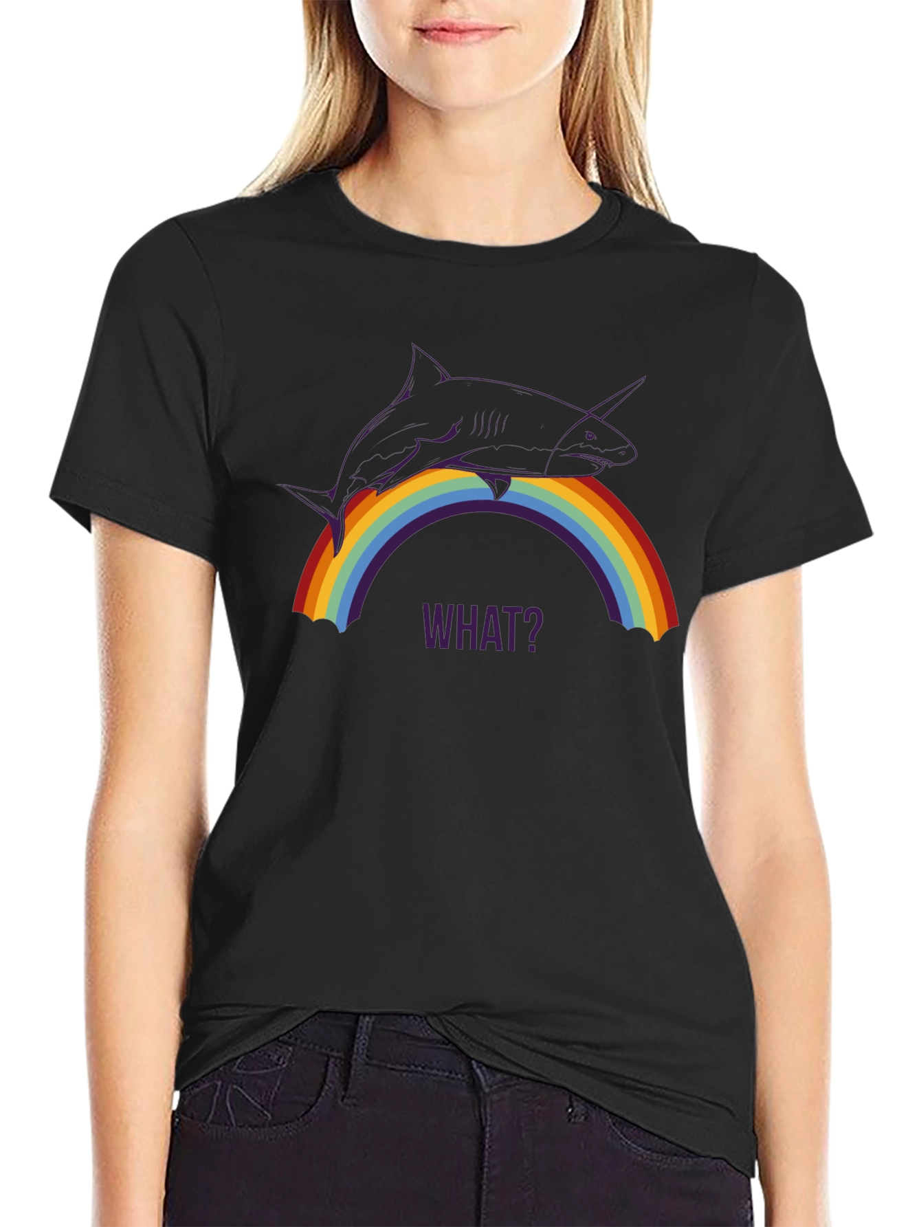Shark Unicorn Rainbow WHAT? Black T-Shirt