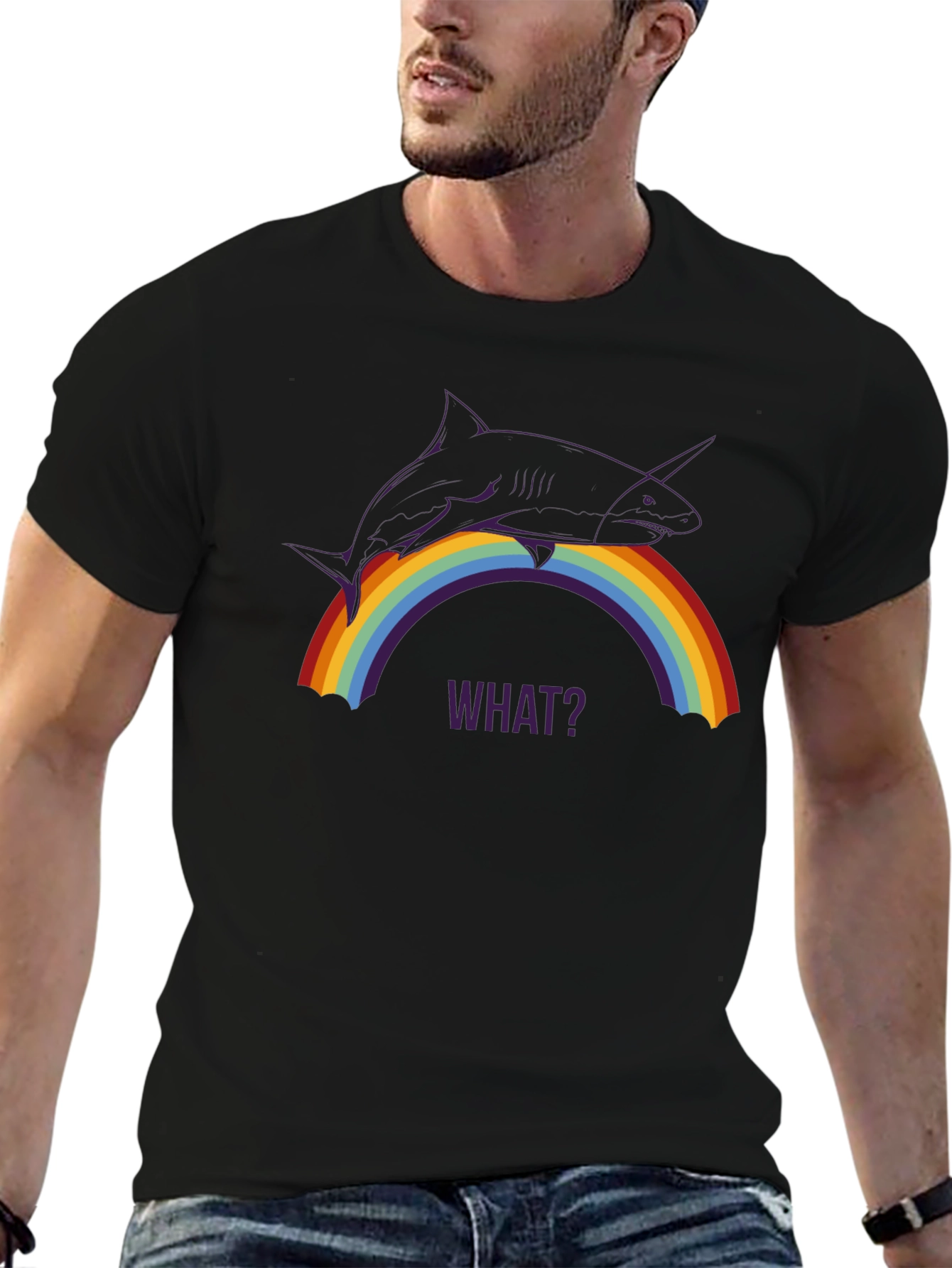 Shark Unicorn Rainbow WHAT? Black T-Shirt