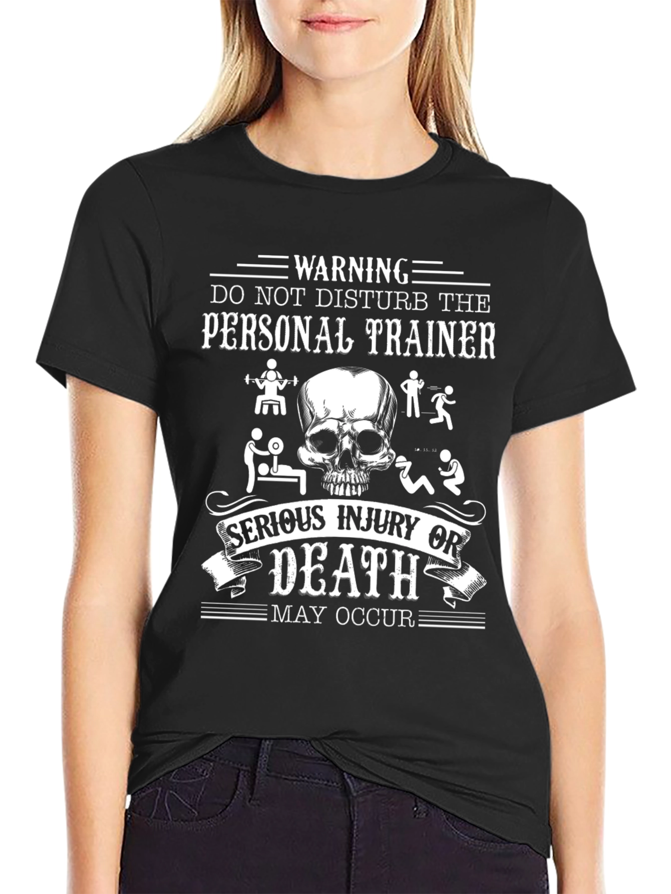 Warning Personal Trainer Skull Graphic Black T-Shirt