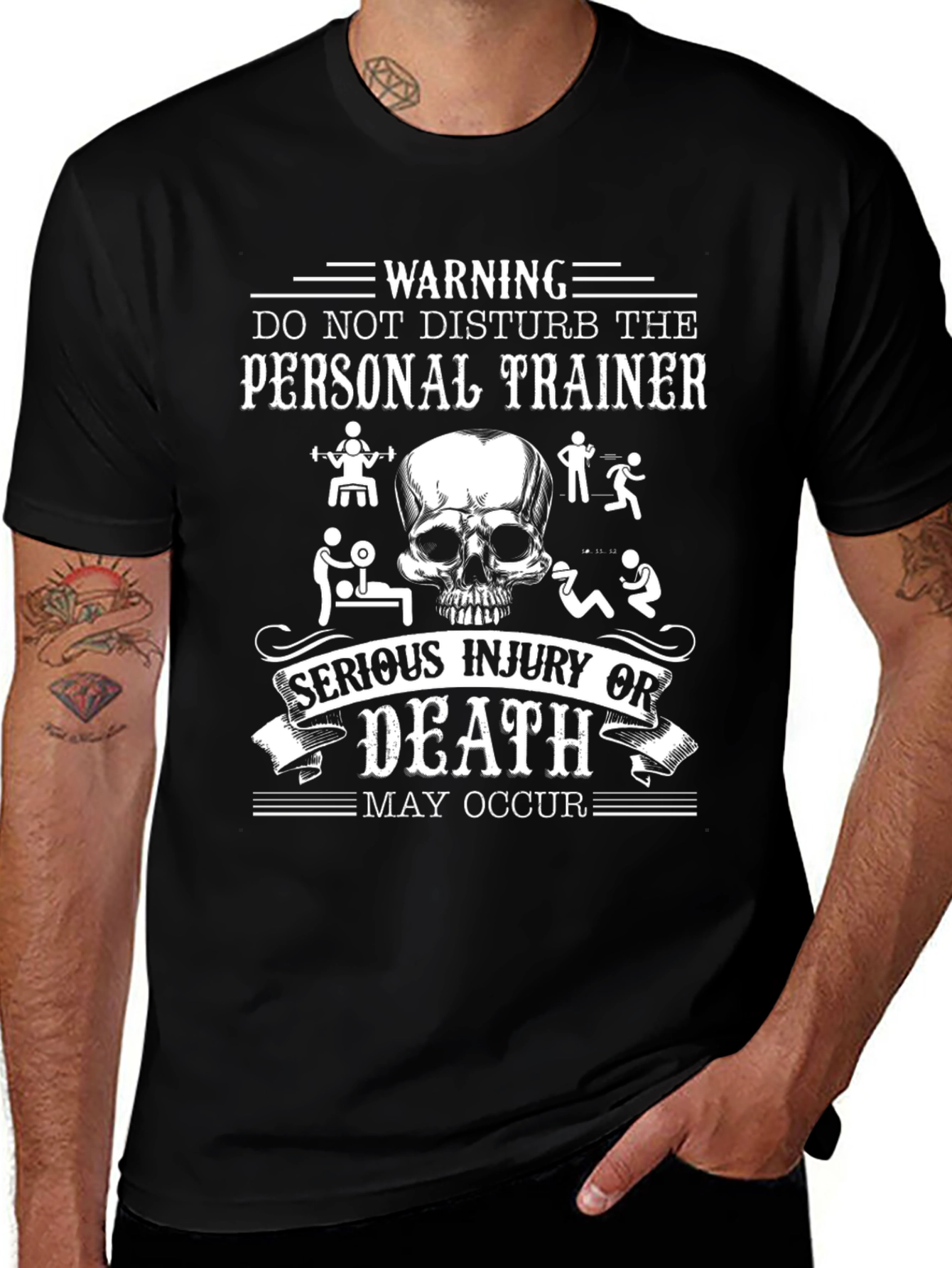 Warning Personal Trainer Skull Graphic Black T-Shirt