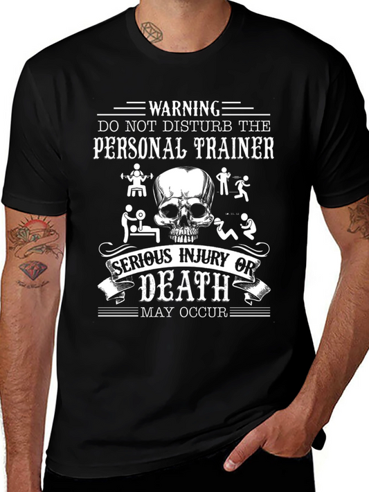 Warning Personal Trainer Skull Graphic Black T-Shirt