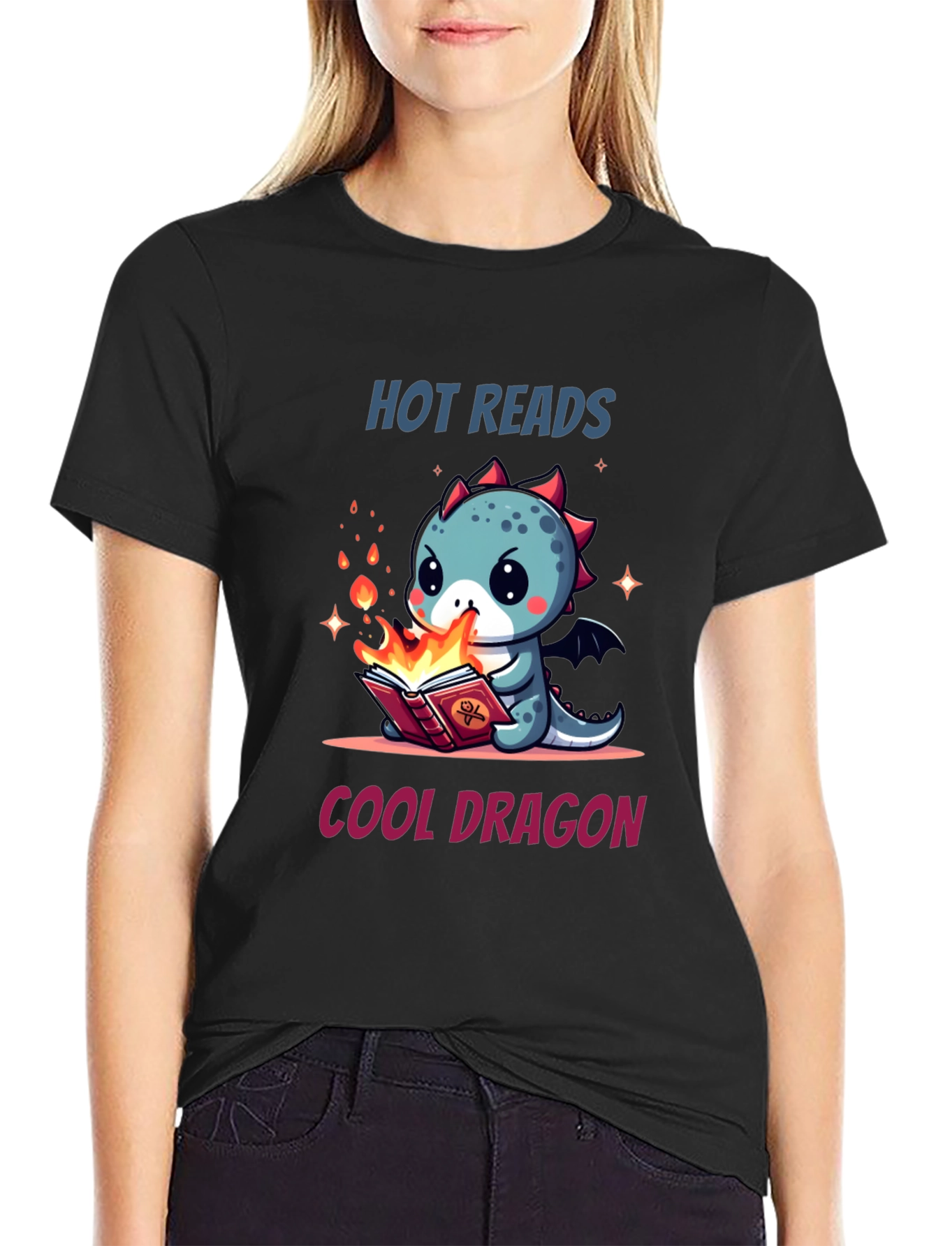 Cute Dragon Reading T-Shirt - Hot Reads Cool Dragon