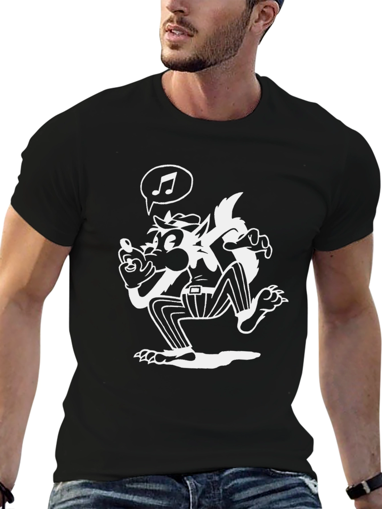 Cartoon Wolf Music T-Shirt - Classic Black Tee