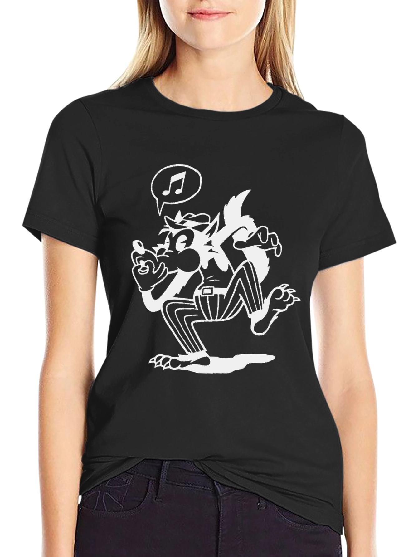 Cartoon Wolf Music T-Shirt - Classic Black Tee