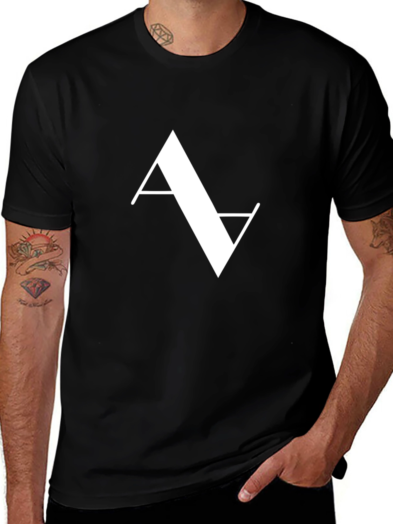 Modern Minimalist White Logo Print Black T-Shirt