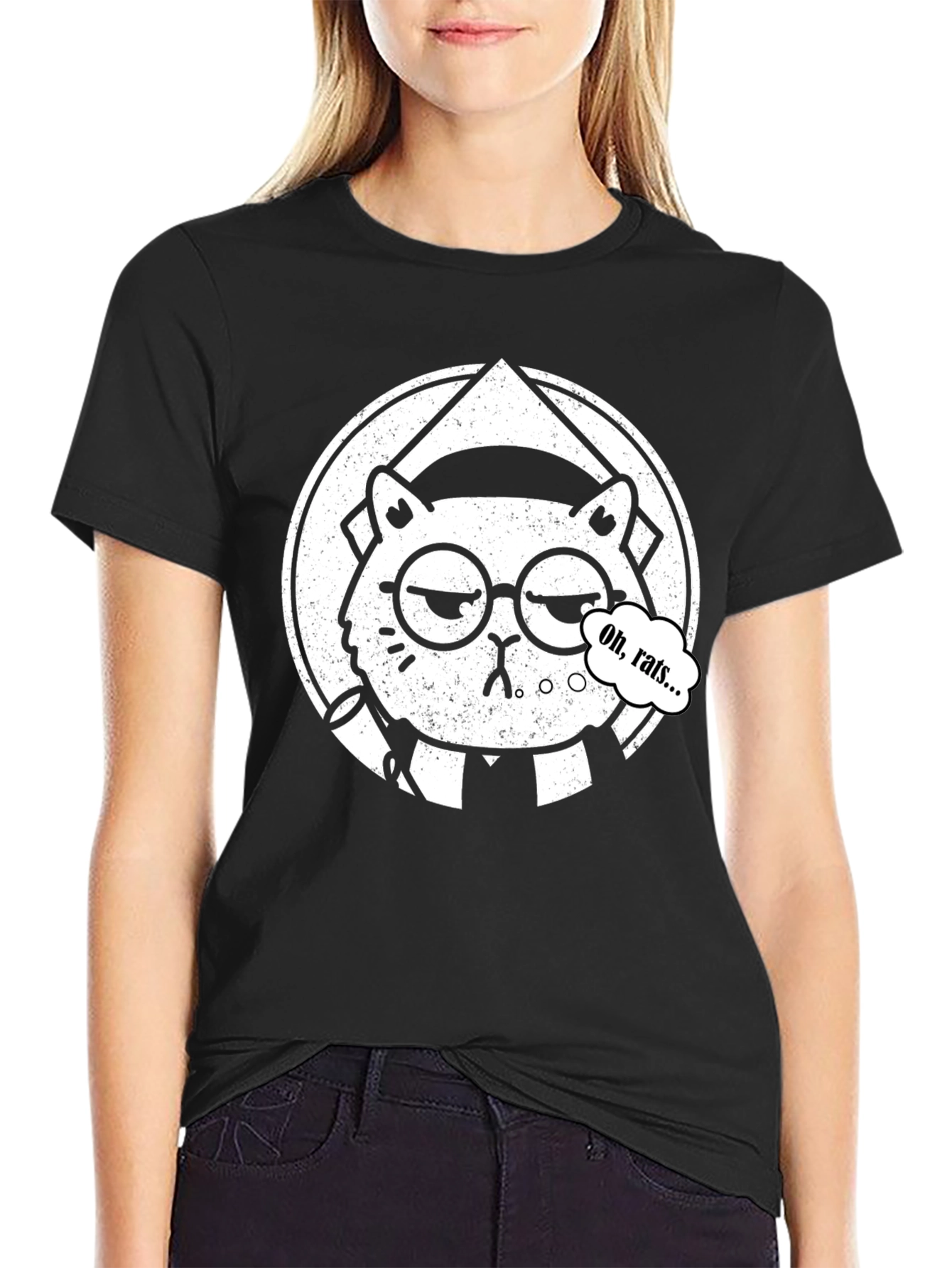 Oh Rats! Black T-Shirt with Cartoon Cat