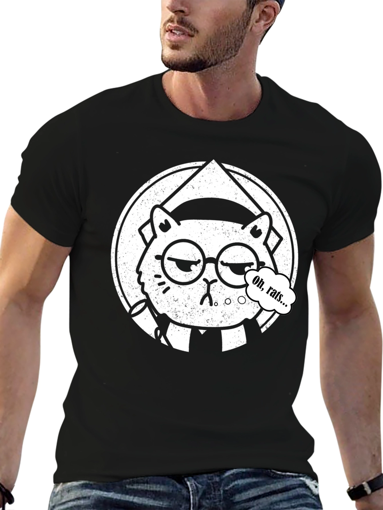 Oh Rats! Black T-Shirt with Cartoon Cat