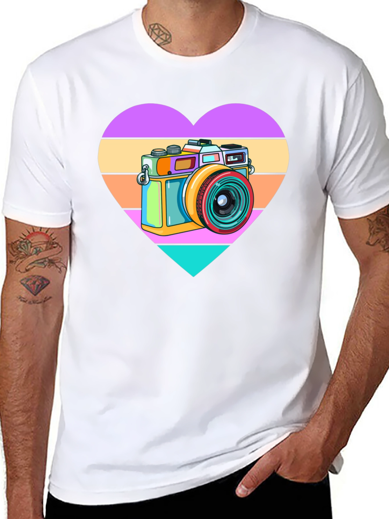 Retro Camera Heart Graphic Tee - Black Cotton T-Shirt