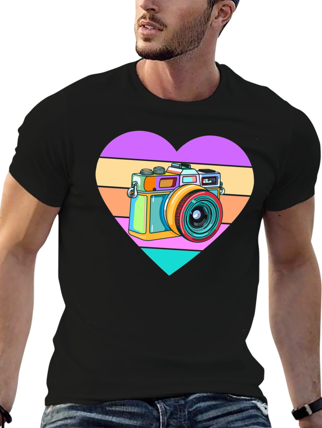 Retro Camera Heart Graphic Tee - Black Cotton T-Shirt