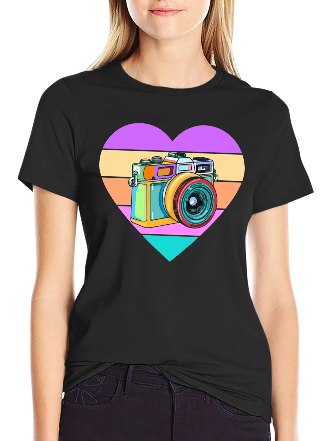 Retro Camera Heart Graphic Tee - Black Cotton T-Shirt