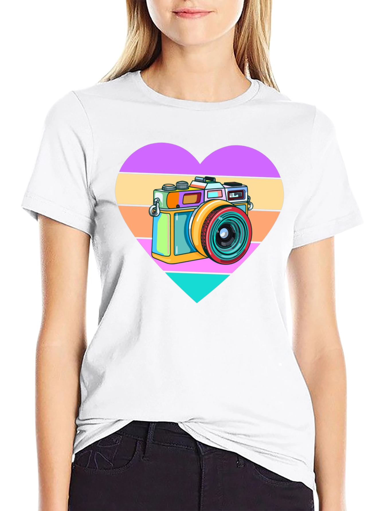 Retro Camera Heart Graphic Tee - Black Cotton T-Shirt