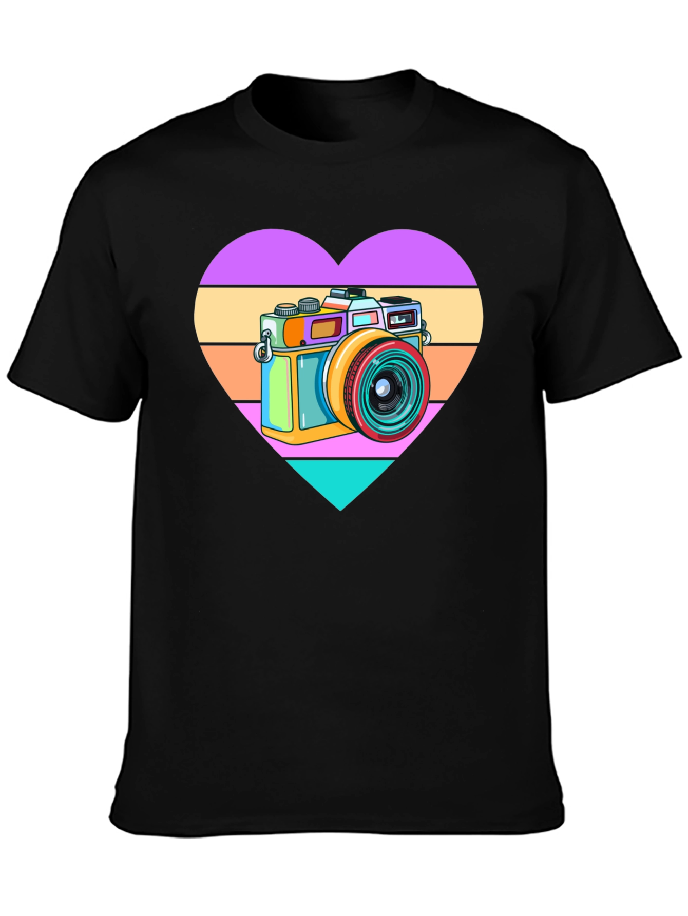 Retro Camera Heart Graphic Tee - Black Cotton T-Shirt