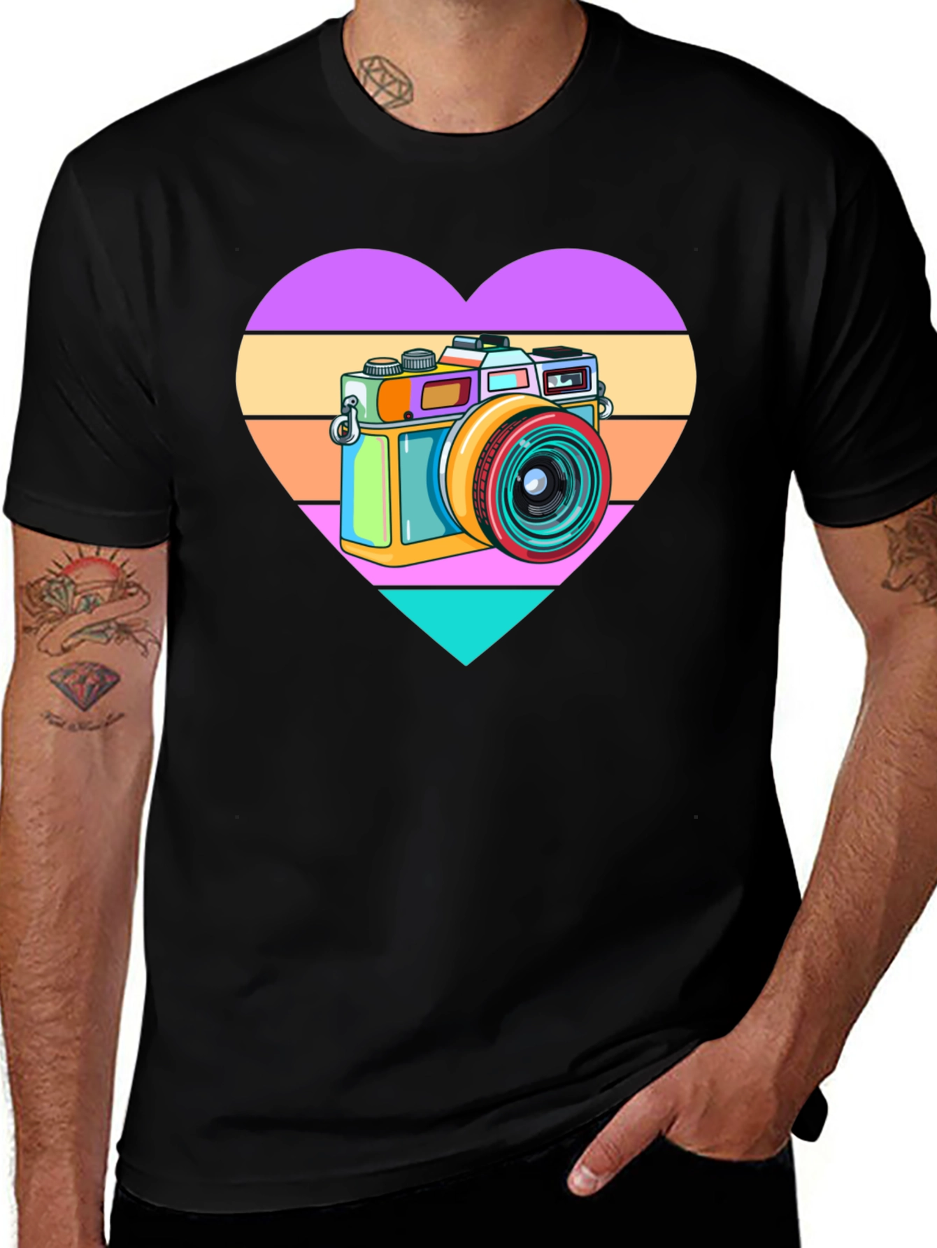 Retro Camera Heart Graphic Tee - Black Cotton T-Shirt