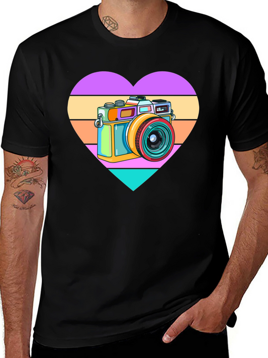 Retro Camera Heart Graphic Tee - Black Cotton T-Shirt