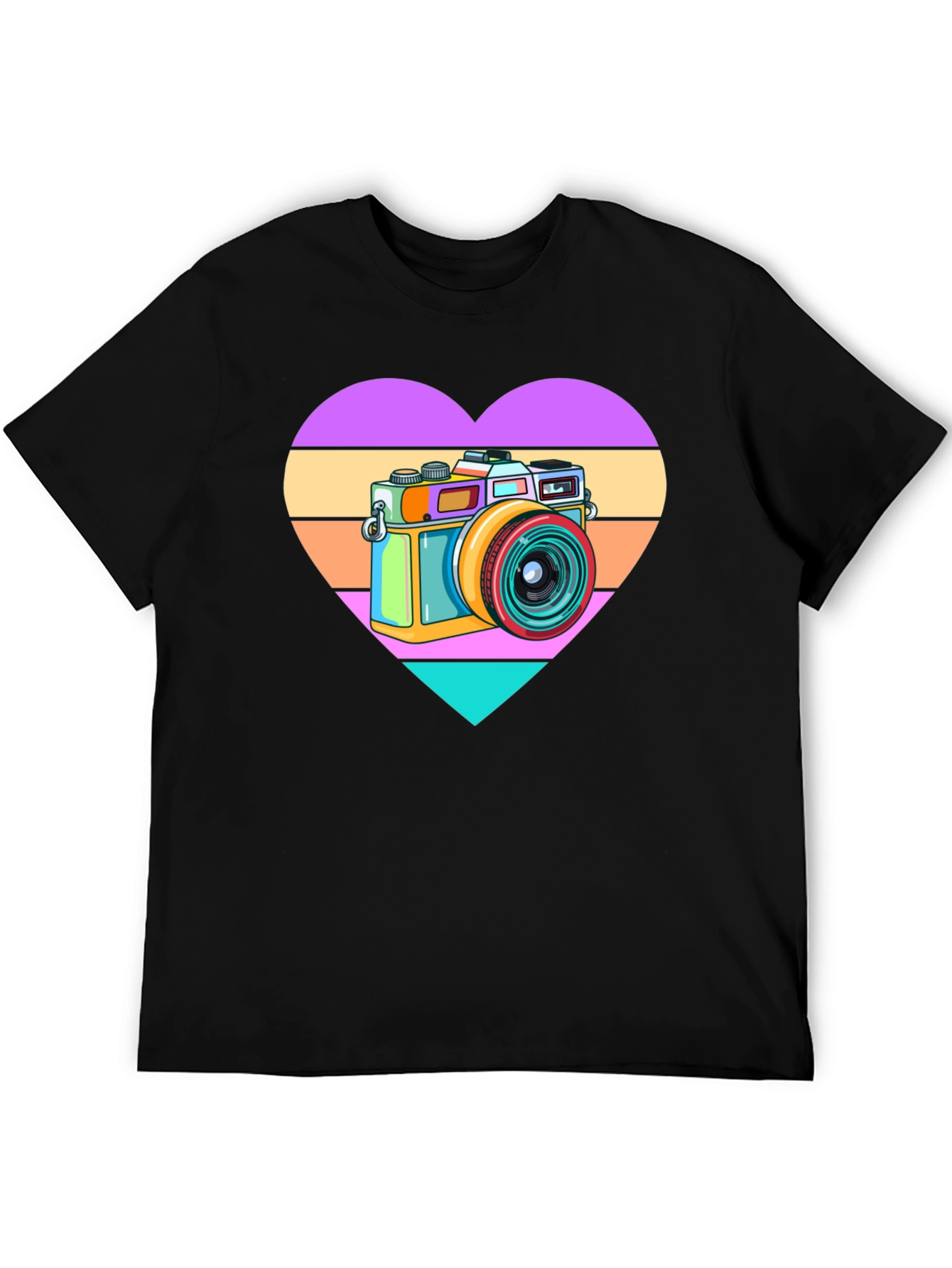 Retro Camera Heart Graphic Tee - Black Cotton T-Shirt