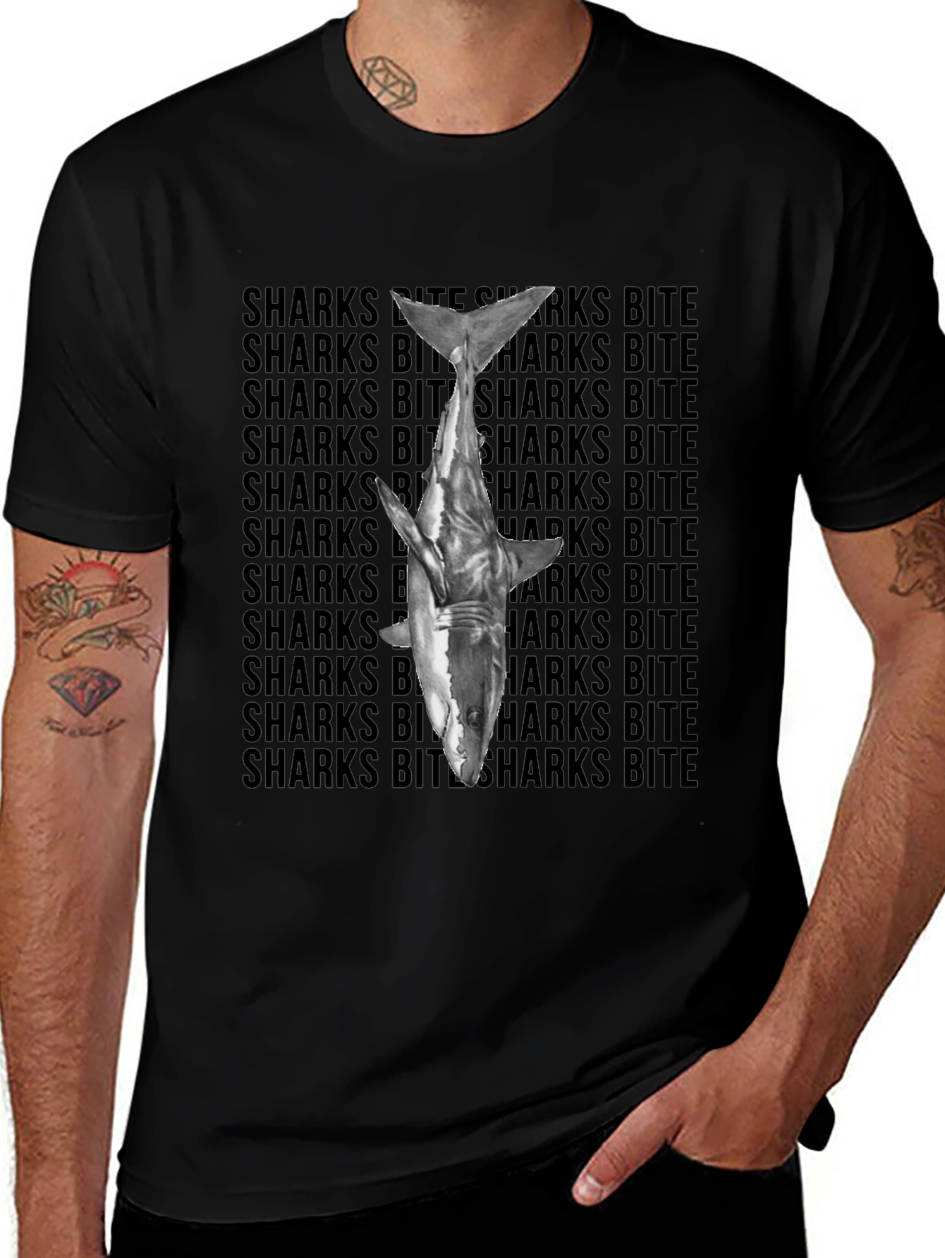 Shark Bite Graphic Tee - Black Cotton T-Shirt