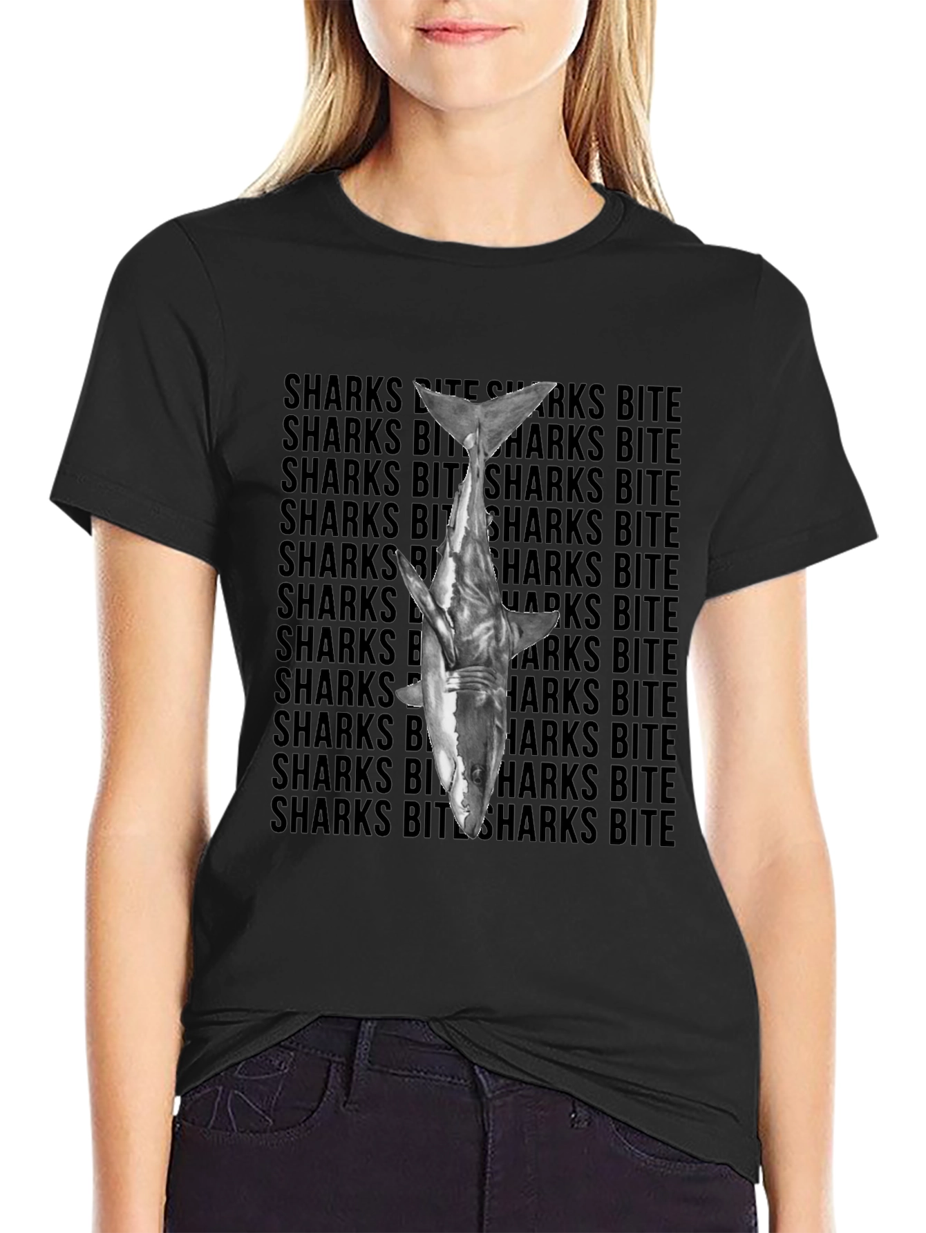 Shark Bite Graphic Tee - Black Cotton T-Shirt
