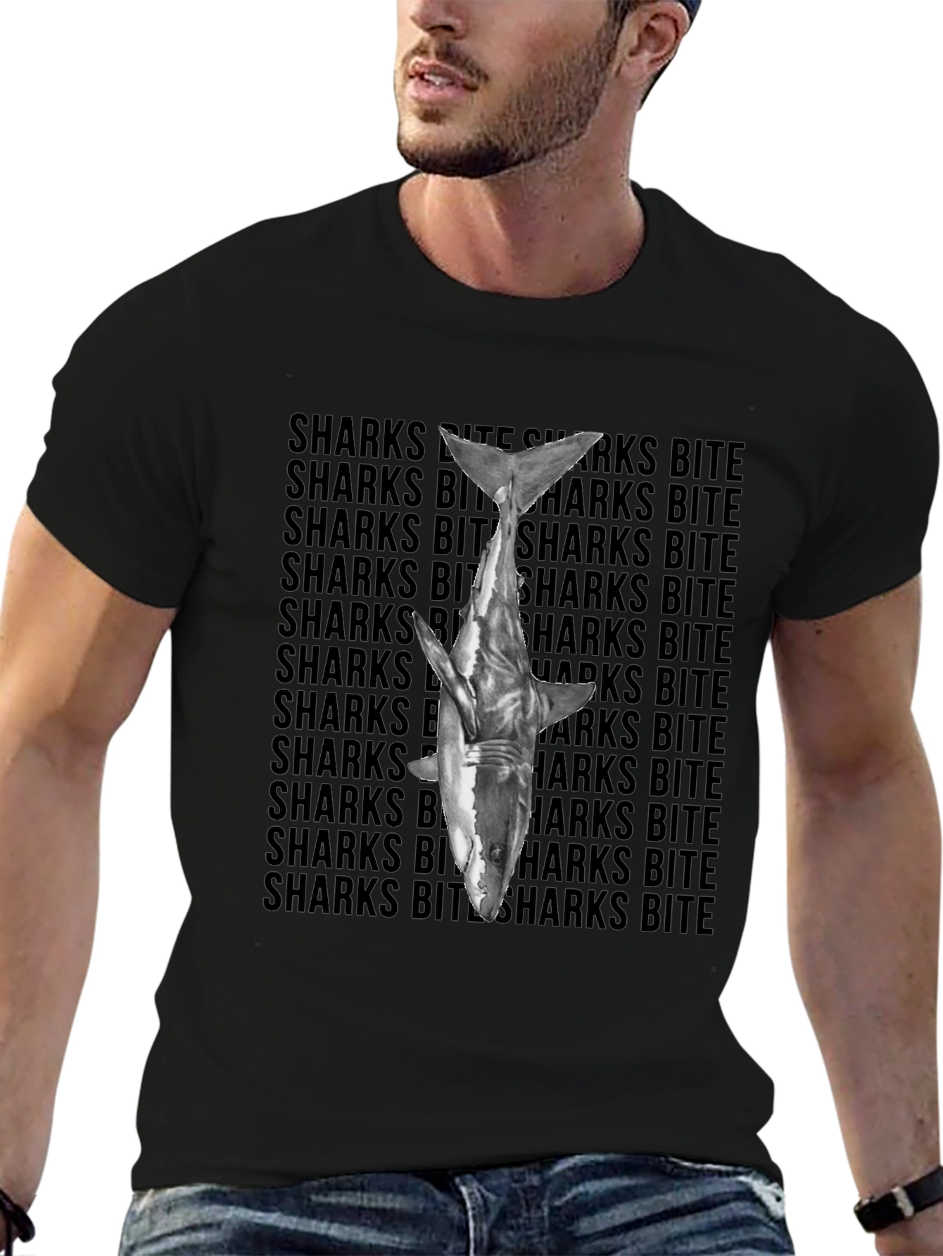 Shark Bite Graphic Tee - Black Cotton T-Shirt