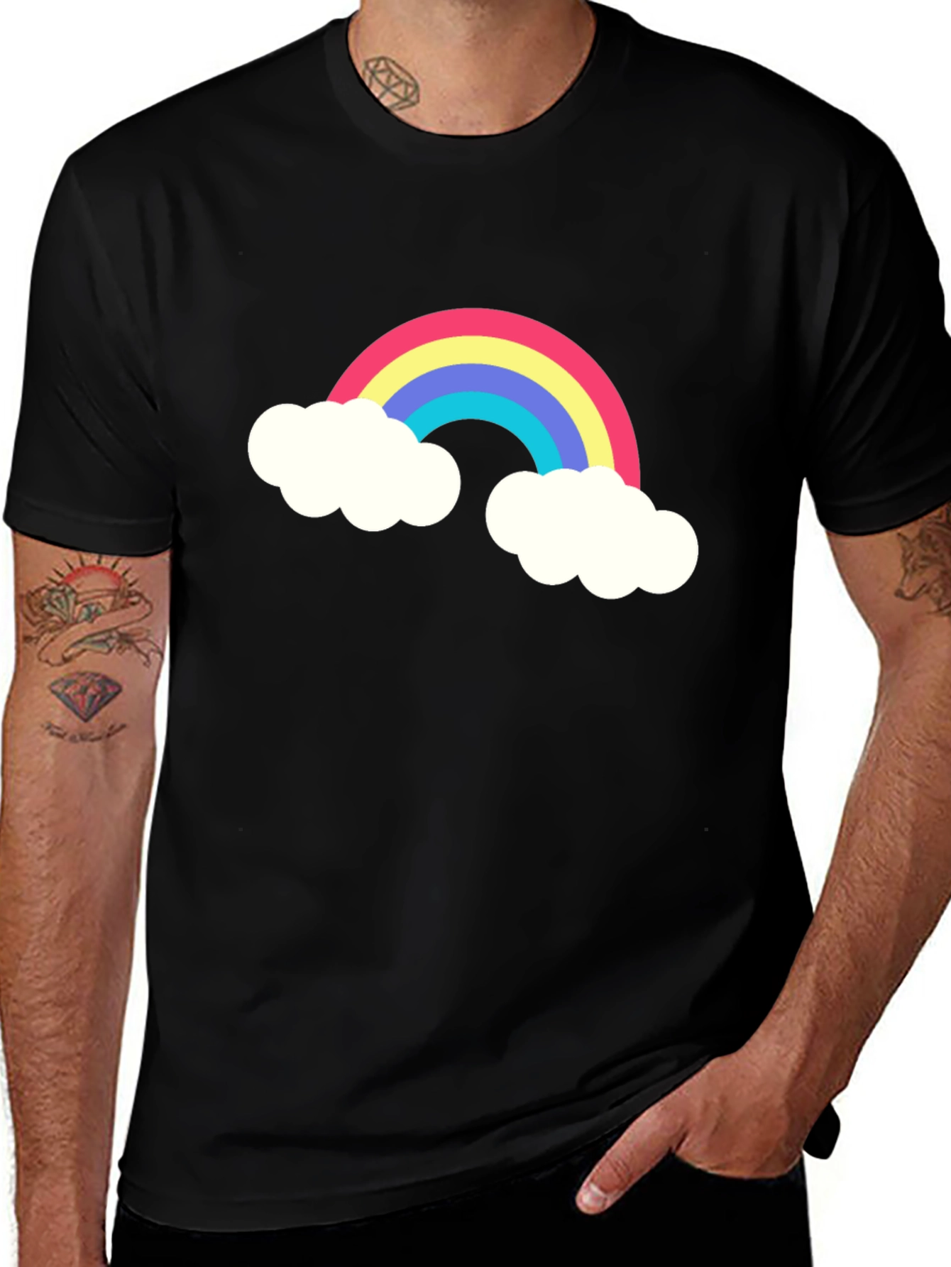 Rainbow Cloud Graphic Tee - Black Cotton T-Shirt
