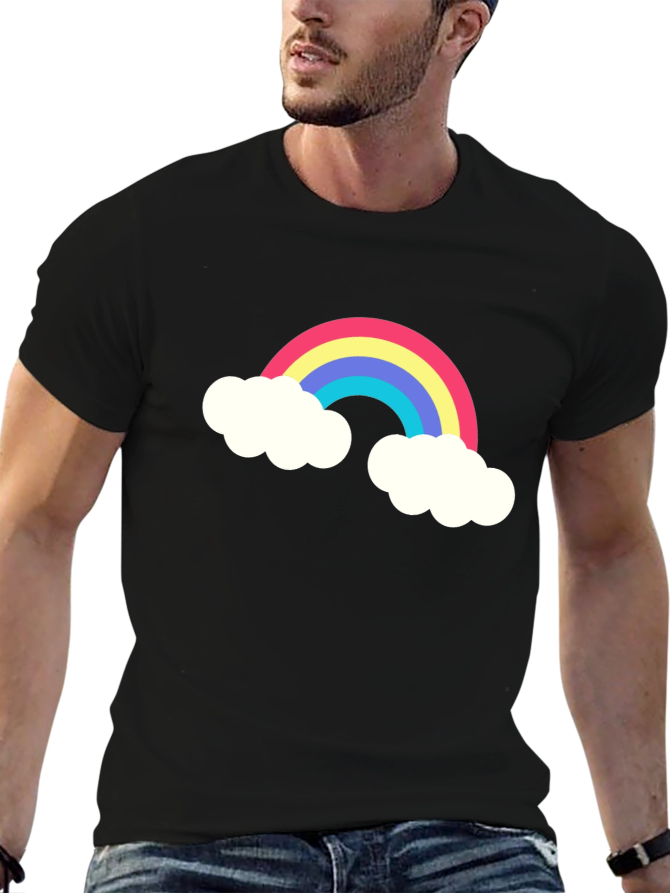 Rainbow Cloud Graphic Tee - Black Cotton T-Shirt