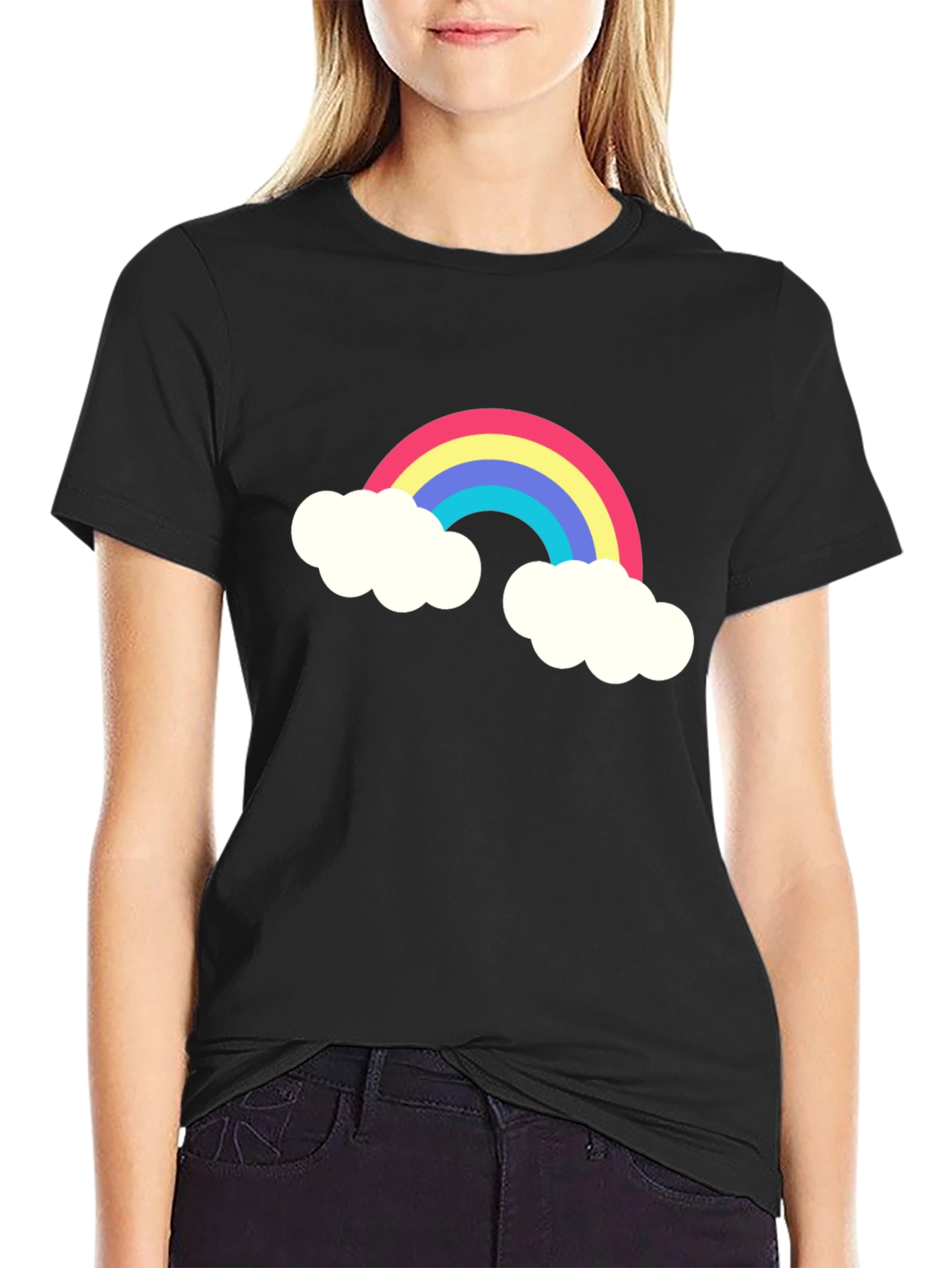 Rainbow Cloud Graphic Tee - Black Cotton T-Shirt