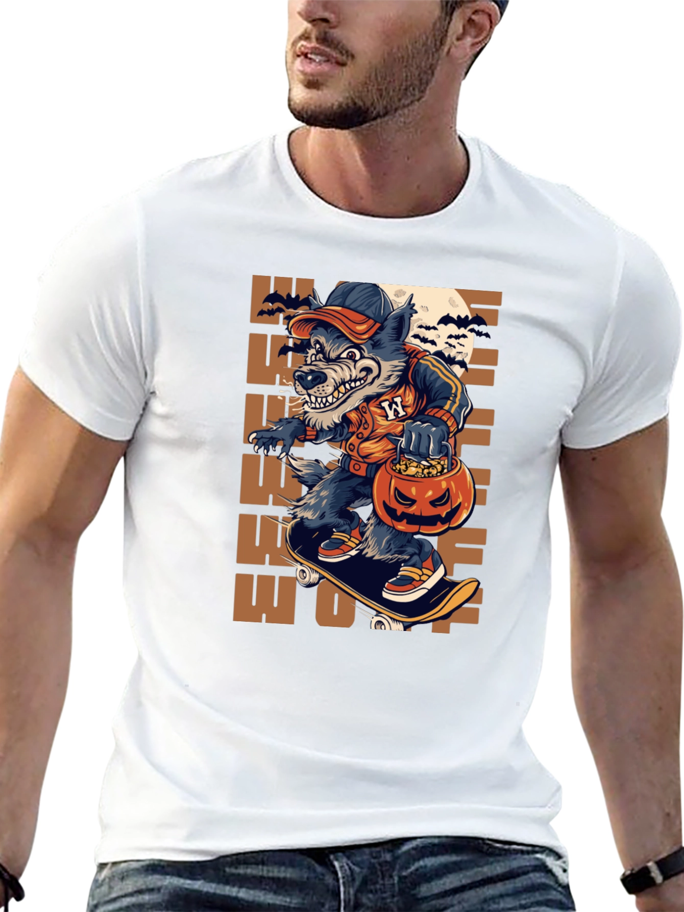 Wolf Halloween T-Shirt: Skateboarding Pumpkin