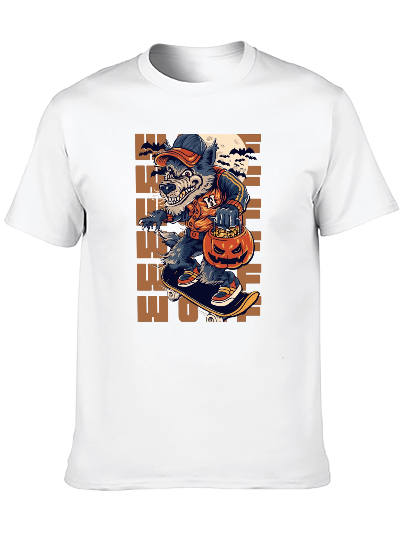 Wolf Halloween T-Shirt: Skateboarding Pumpkin