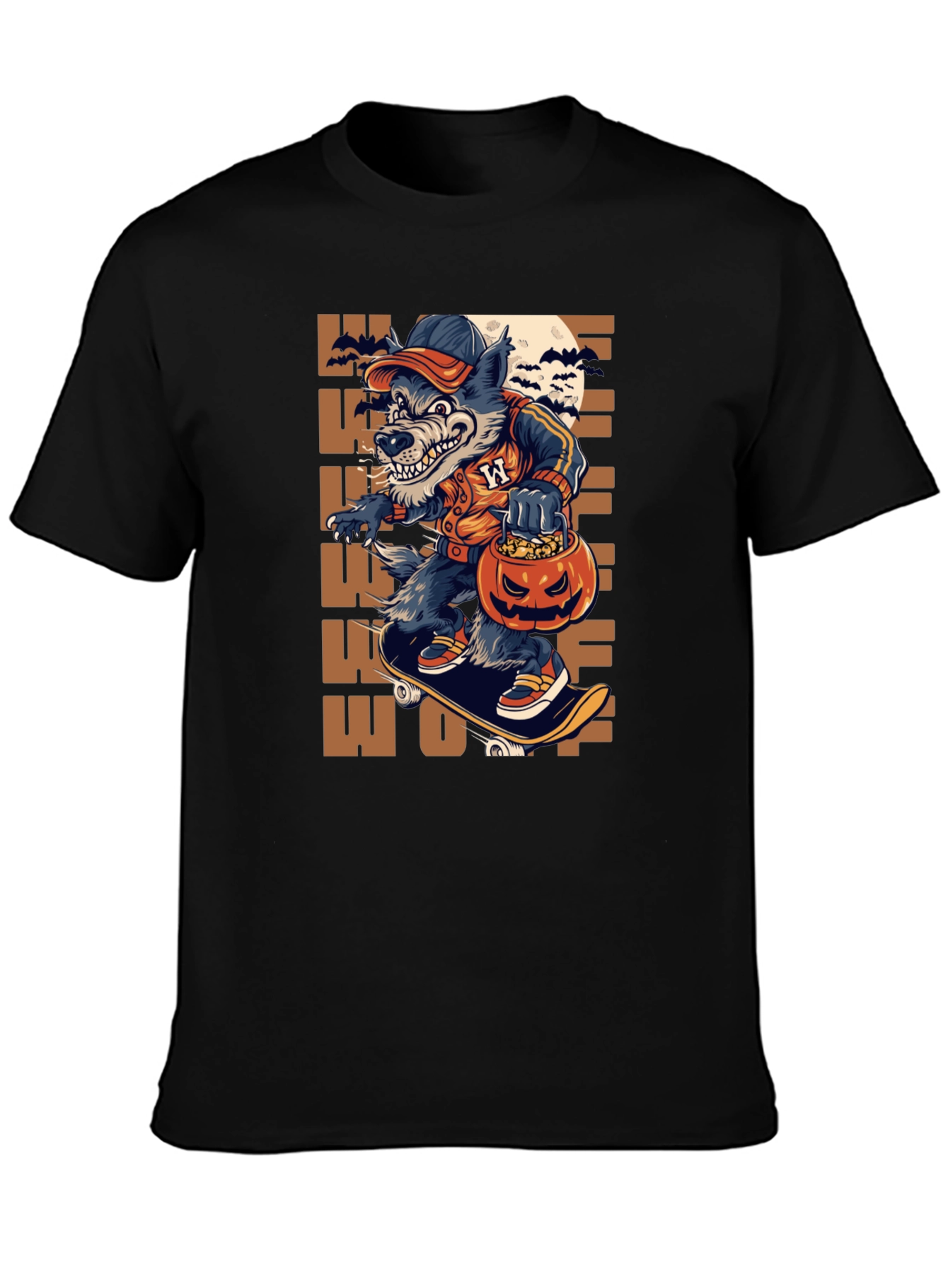 Wolf Halloween T-Shirt: Skateboarding Pumpkin